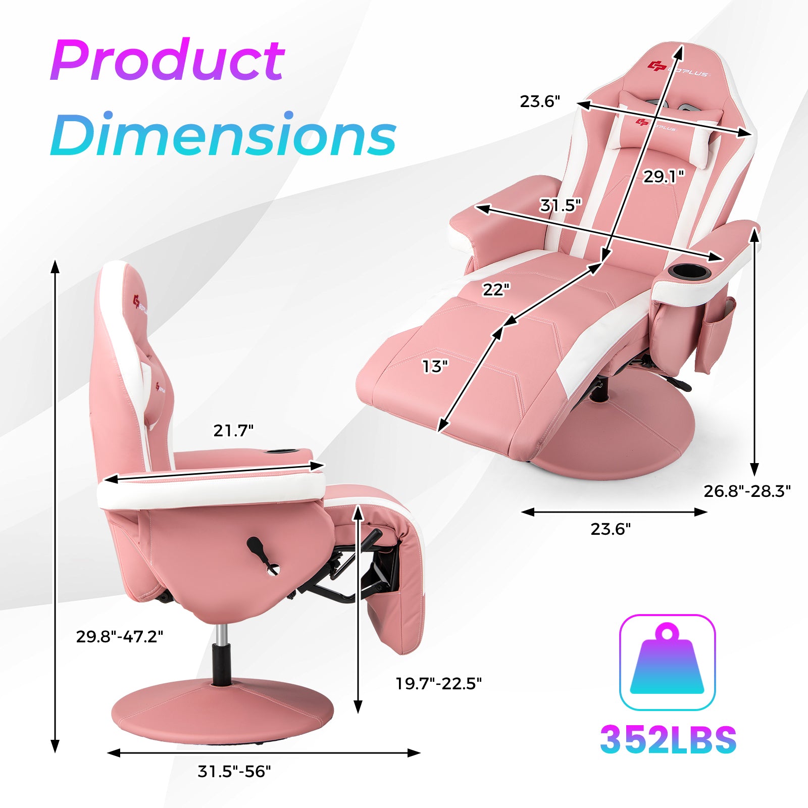Massage Video Gaming Recliner Chair with Adjustable Height, Pink Gaming Chairs at Gallery Canada