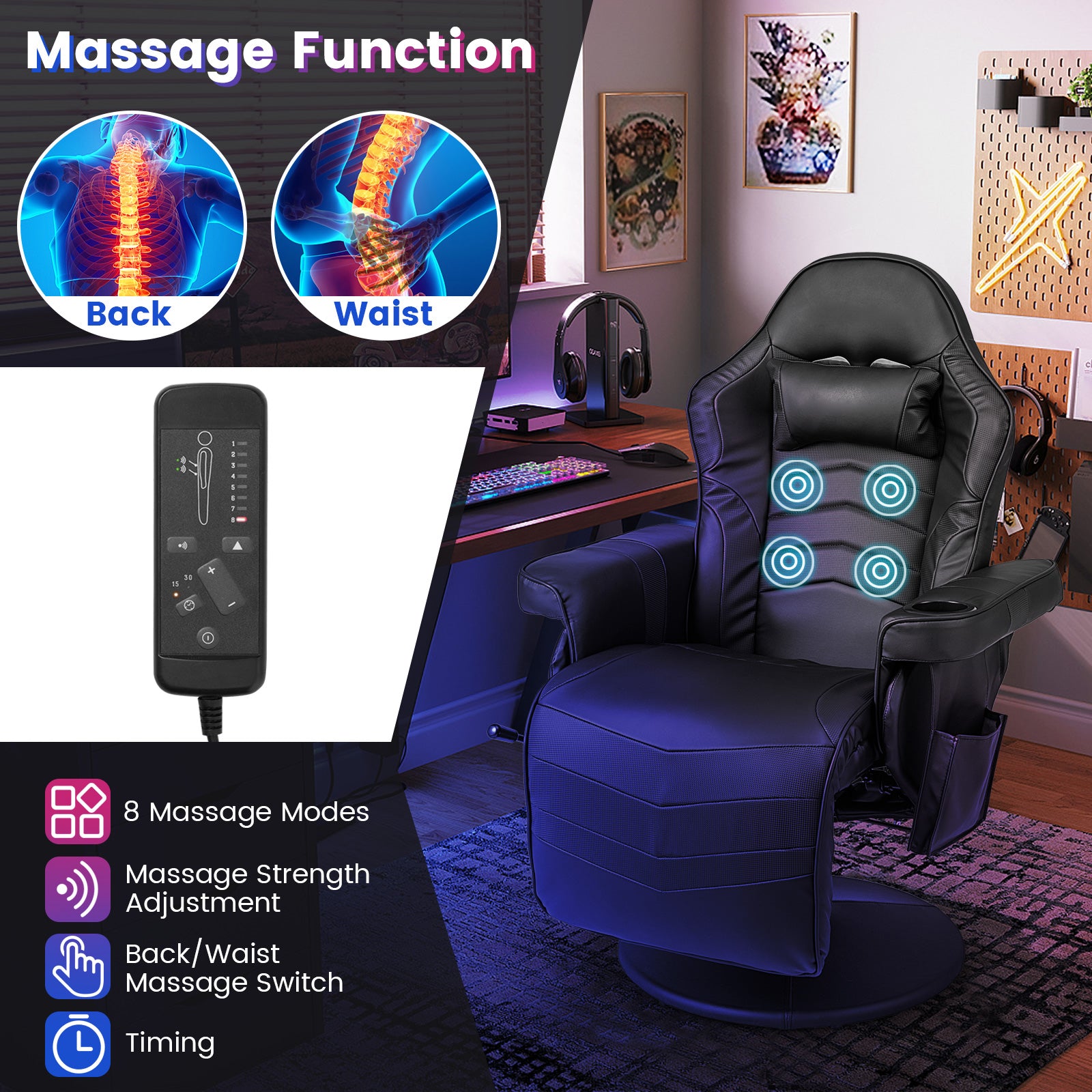 Massage Gaming Recliner Chair, Adjustable Height, Black Gaming Chairs at Gallery Canada