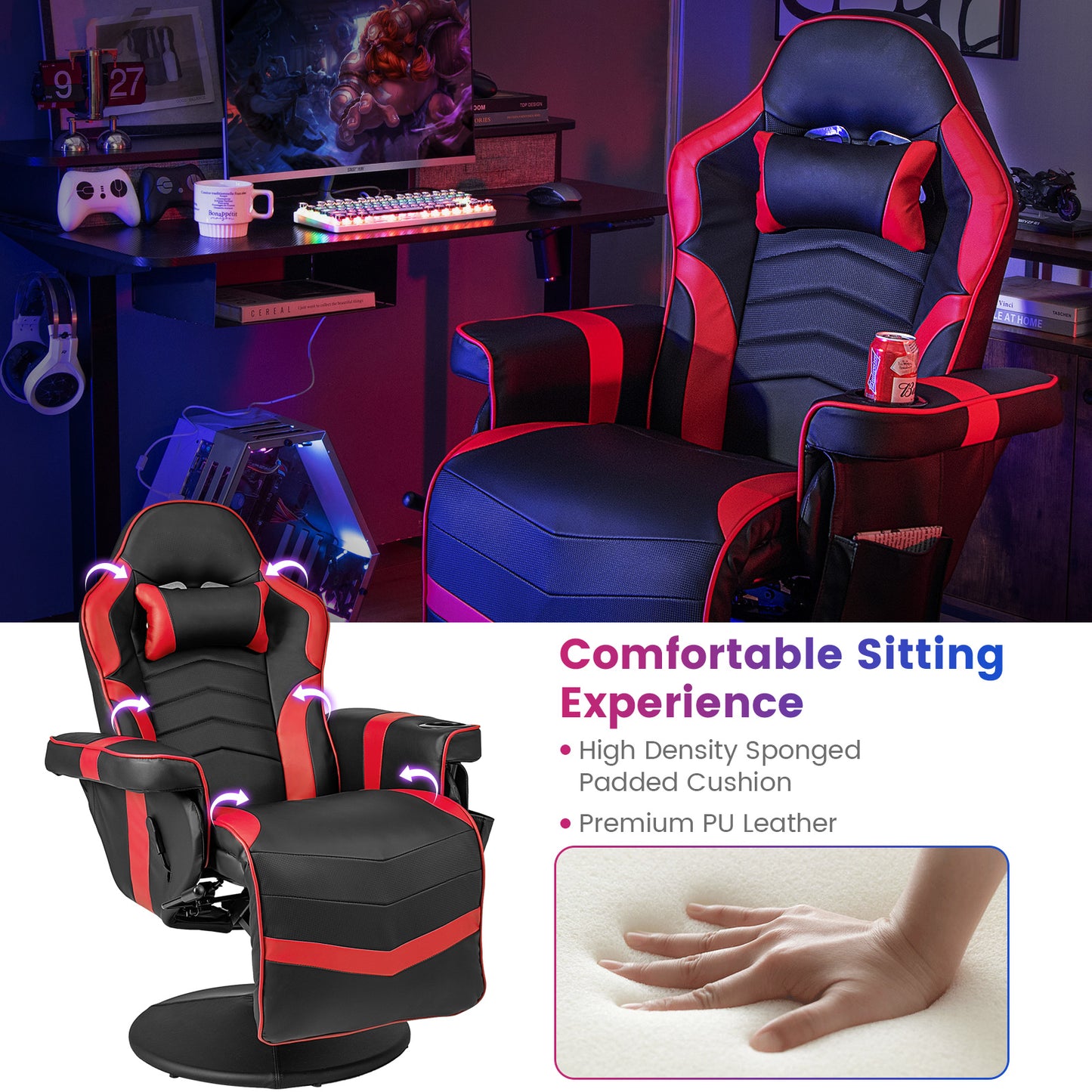 Massage Video Gaming Recliner Chair with Adjustable Height, Red Gaming Chairs at Gallery Canada