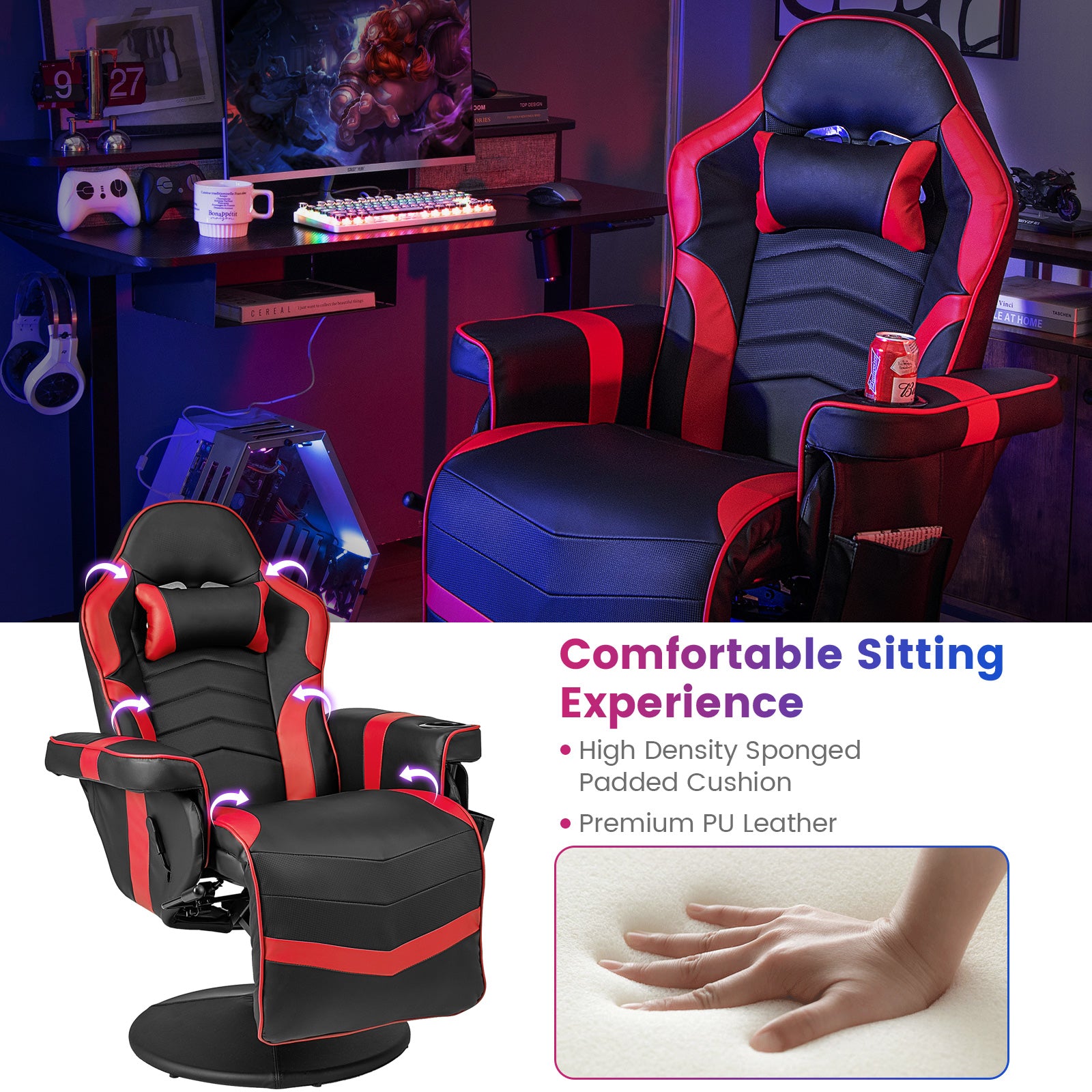 Massage Video Gaming Recliner Chair with Adjustable Height, Red Gaming Chairs at Gallery Canada