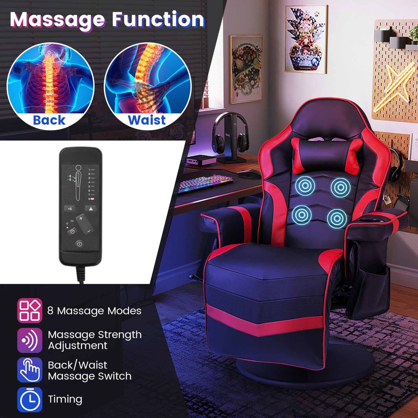 Massage Video Gaming Recliner Chair with Adjustable Height, Red Gaming Chairs at Gallery Canada