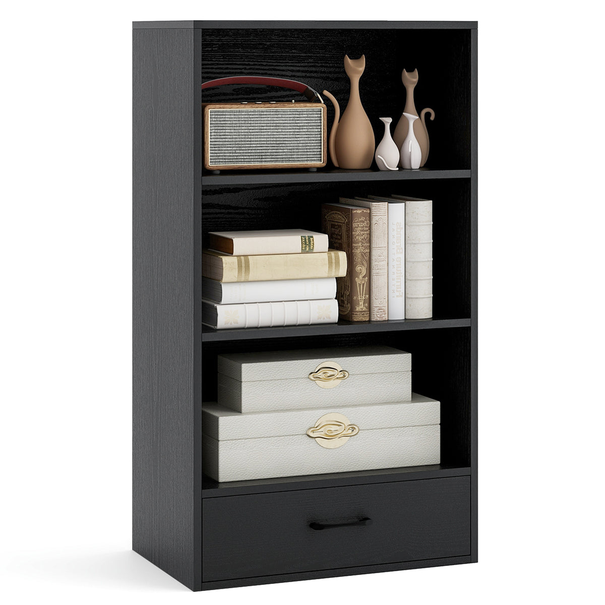48 Inch Tall 4 Tier Wood Bookcase With Drawer, Black Bookcases Black at Gallery Canada