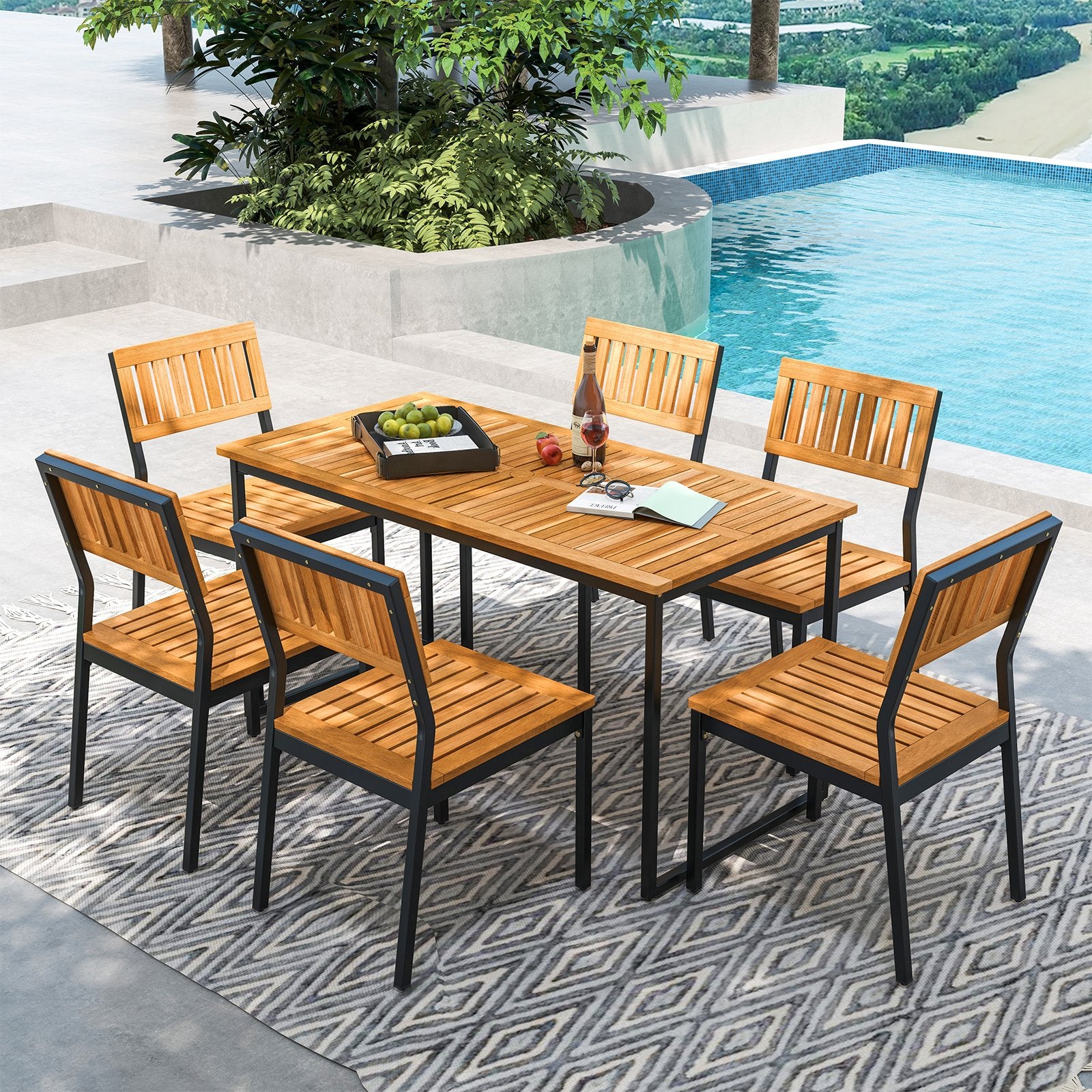 Acacia Wood Dining Table for 6 People with Slatted Tabletop and Umbrella Hole, Natural Dining Tables at Gallery Canada