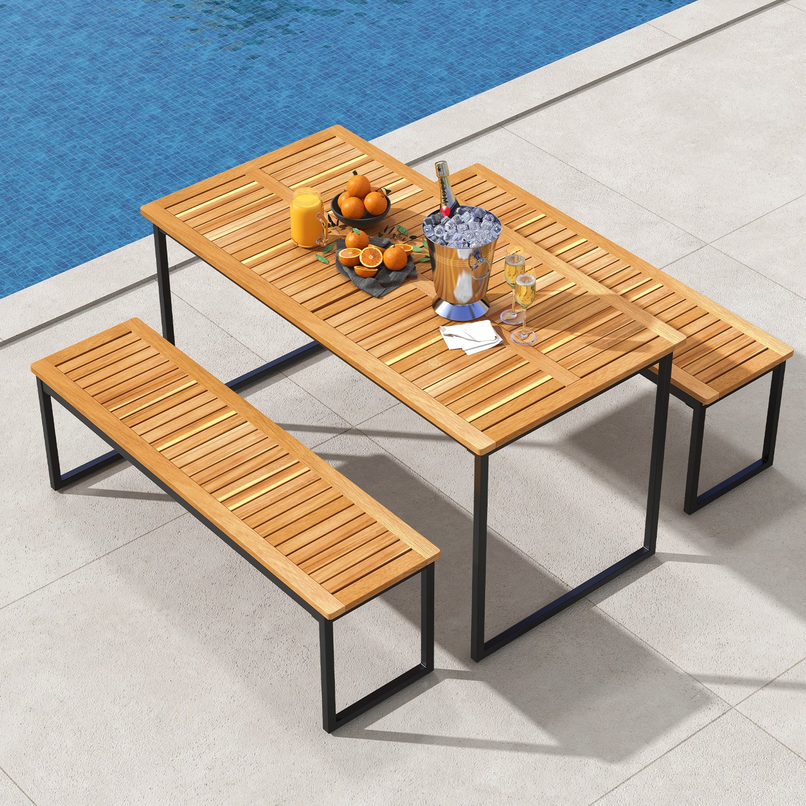 Acacia Wood Dining Table for 6 People with Slatted Tabletop and Umbrella Hole, Natural Dining Tables at Gallery Canada
