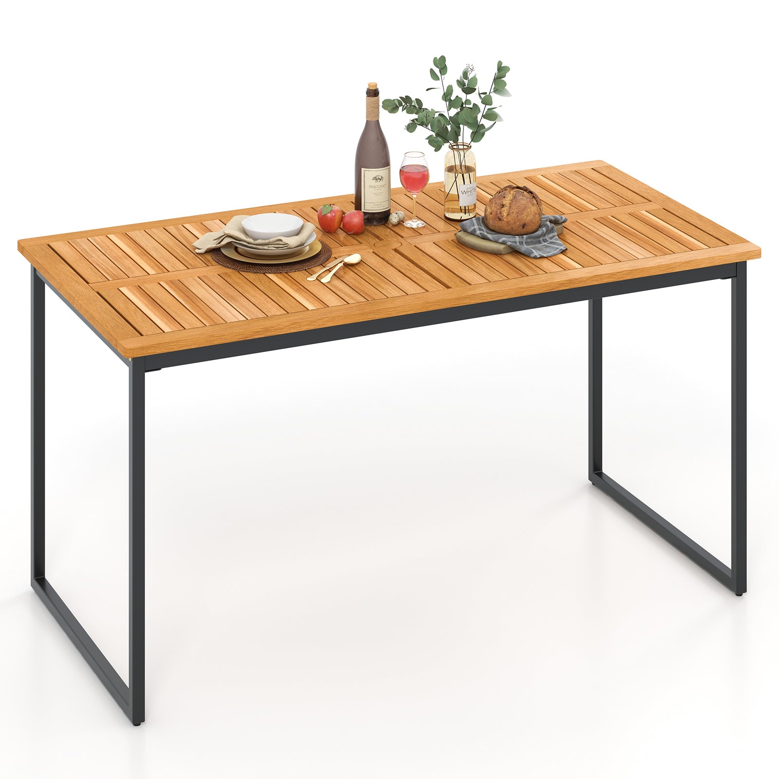 Acacia Wood Dining Table for 6 People with Slatted Tabletop and Umbrella Hole, Natural Dining Tables at Gallery Canada