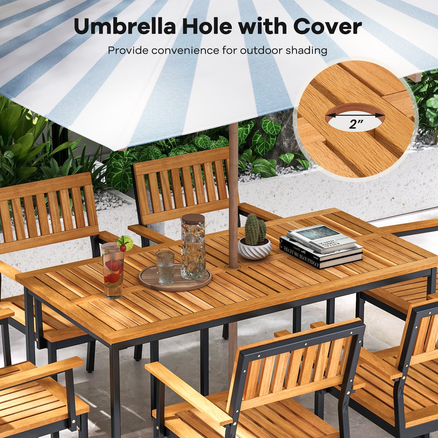 Acacia Wood Dining Table for 6 People with Slatted Tabletop and Umbrella Hole, Natural Dining Tables at Gallery Canada