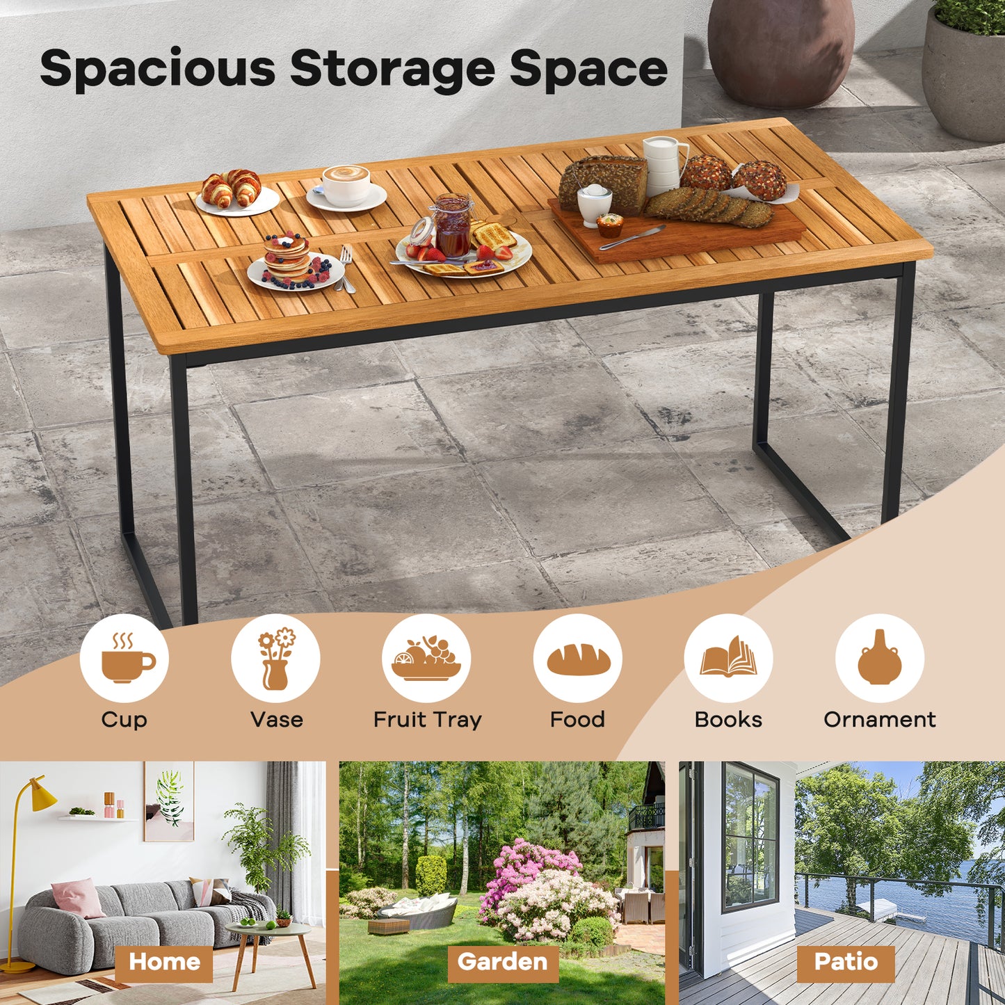 Acacia Wood Dining Table for 6 People with Slatted Tabletop and Umbrella Hole, Natural Dining Tables at Gallery Canada