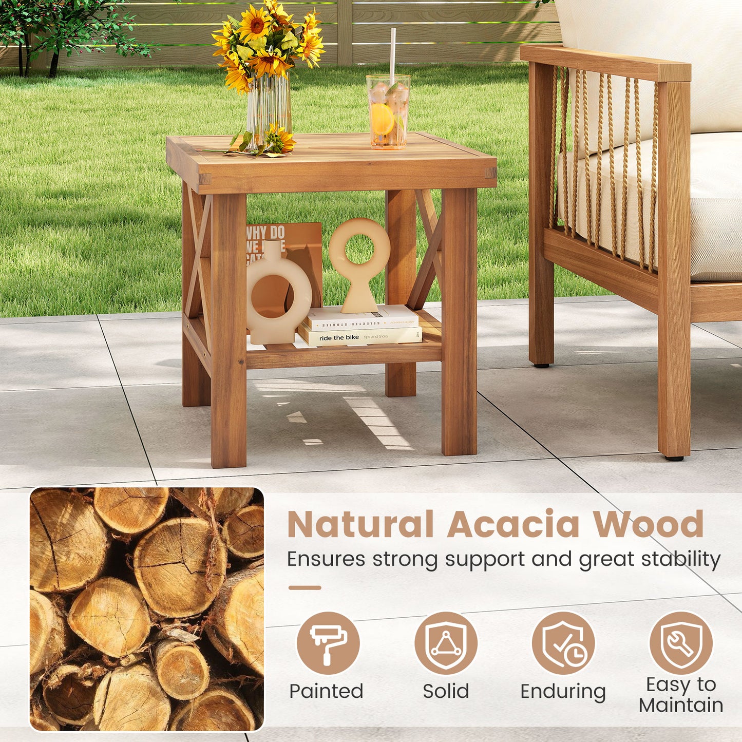 Outdoor Side Table with Storage Shelf for Small Space, Natural Patio Coffee Tables at Gallery Canada