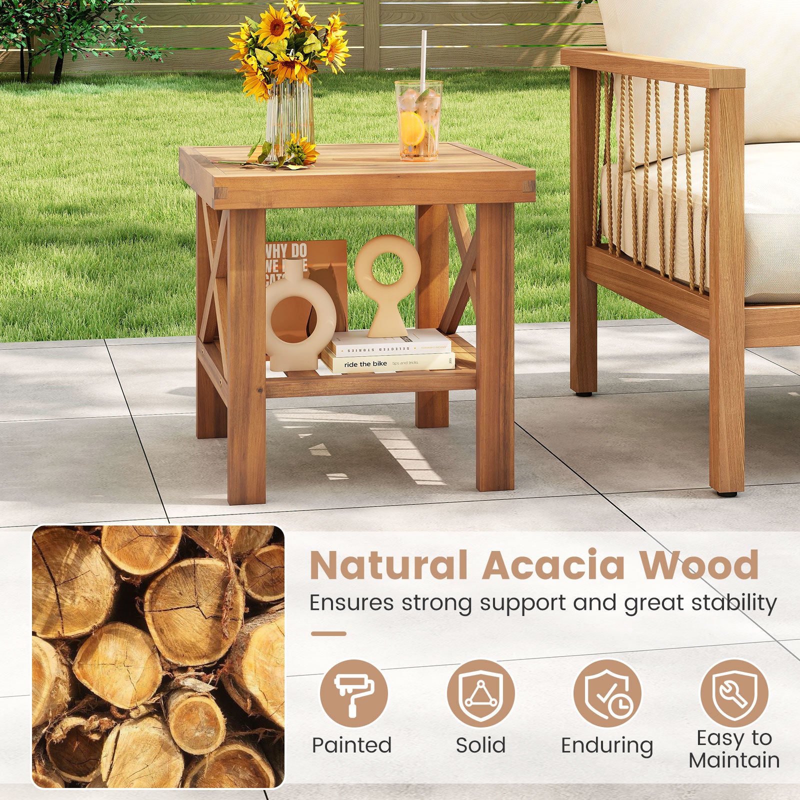 Outdoor Side Table with Storage Shelf for Small Space, Natural Patio Coffee Tables at Gallery Canada