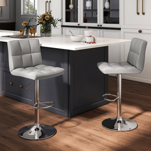 Set of 2 Square Swivel Adjustable Bar Stools with Back and Footrest, Gray
