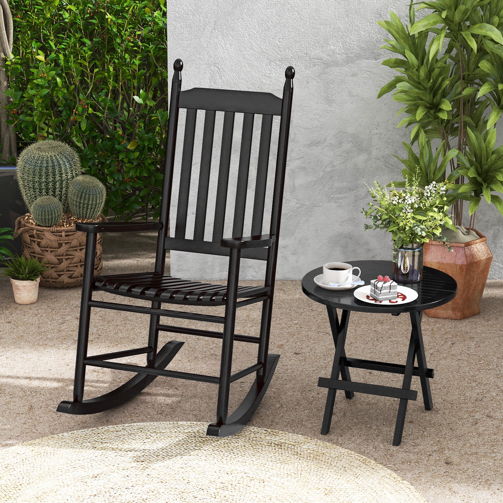 High-Back Acacia Wood Outdoor Rocking Chair with Solid Rocking Base, Black Patio Rocking Chairs & Gliders at Gallery Canada