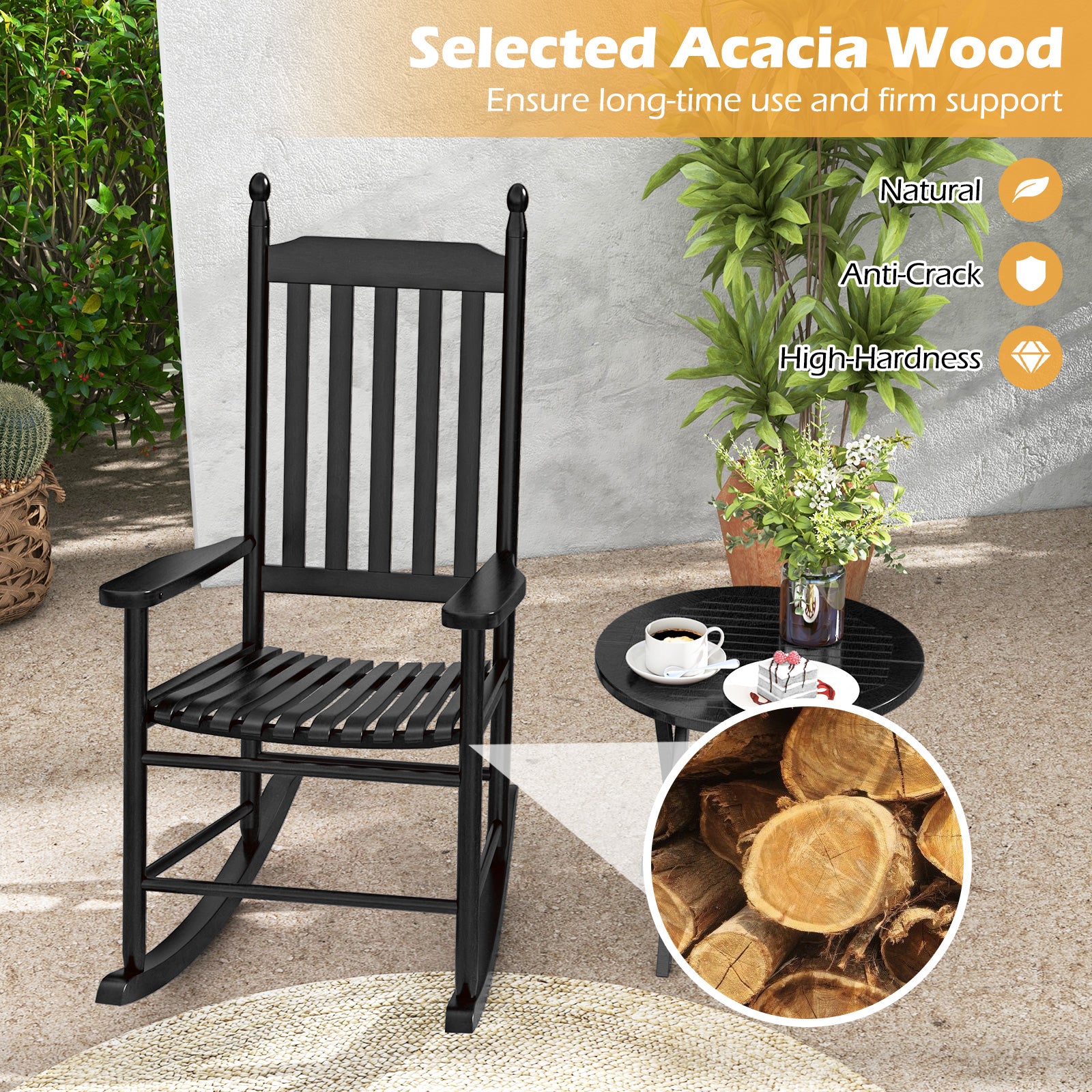High-Back Acacia Wood Outdoor Rocking Chair with Solid Rocking Base, Black Patio Rocking Chairs & Gliders at Gallery Canada