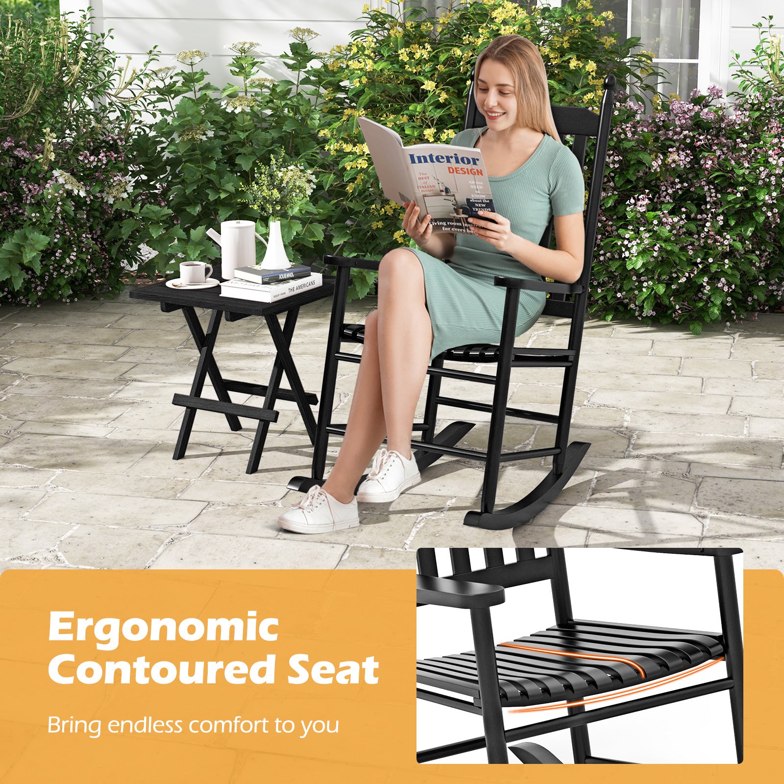 High-Back Acacia Wood Outdoor Rocking Chair with Solid Rocking Base, Black Patio Rocking Chairs & Gliders at Gallery Canada