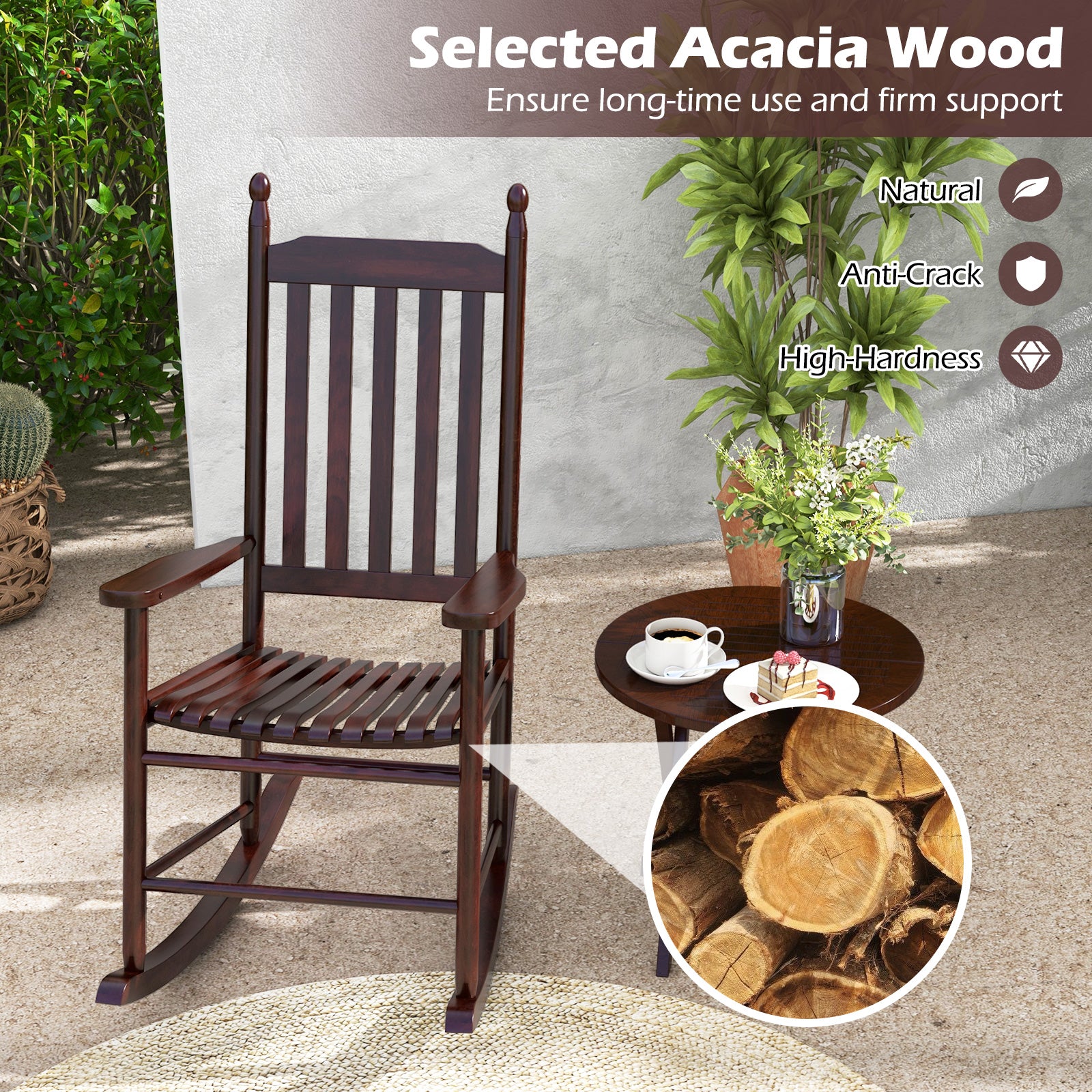 High-Back Acacia Wood Outdoor Rocking Chair with Solid Rocking Base, Brown Patio Rocking Chairs & Gliders at Gallery Canada