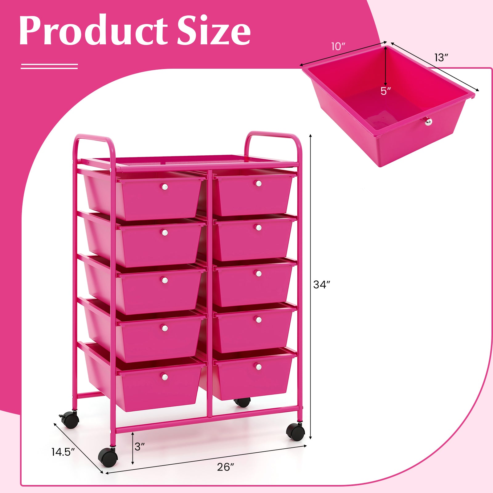 10-Drawer Rolling Storage Cart, Pink File Cabinets at Gallery Canada