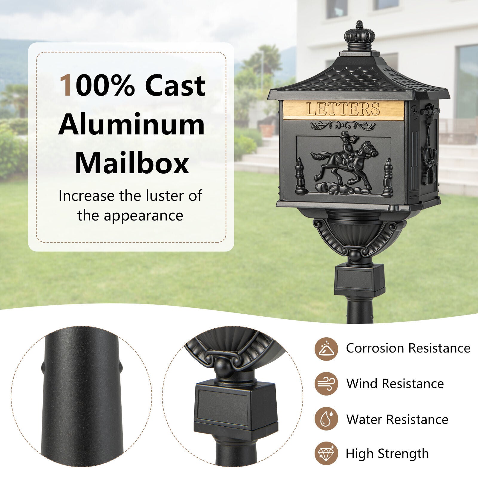 Retro Cast Aluminum Mailbox Security Postal Letter Box with Baffle Door, Black Outdoor Decor at Gallery Canada