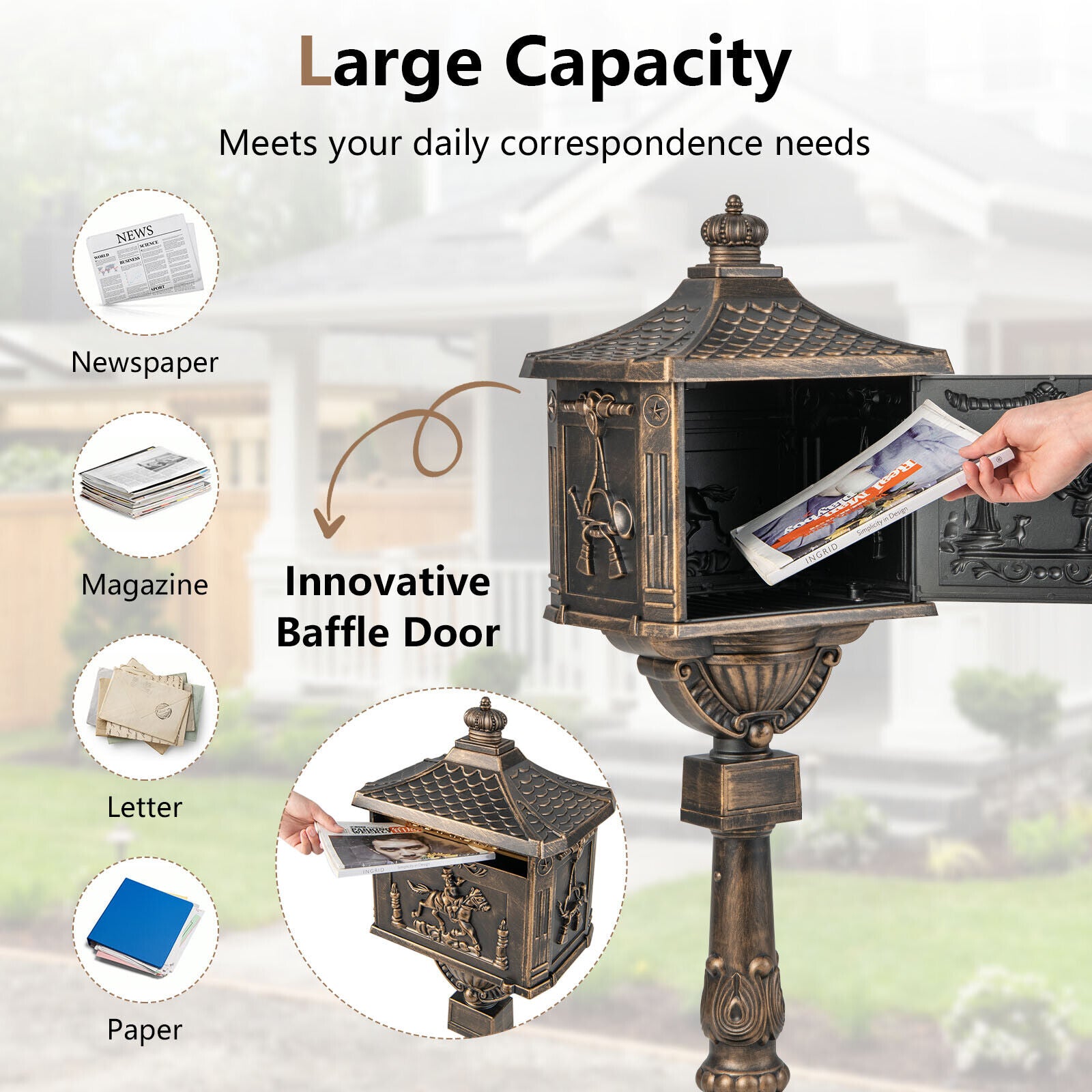 Retro Cast Aluminum Mailbox Security Postal Letter Box with Baffle Door, Bronze Outdoor Decor at Gallery Canada