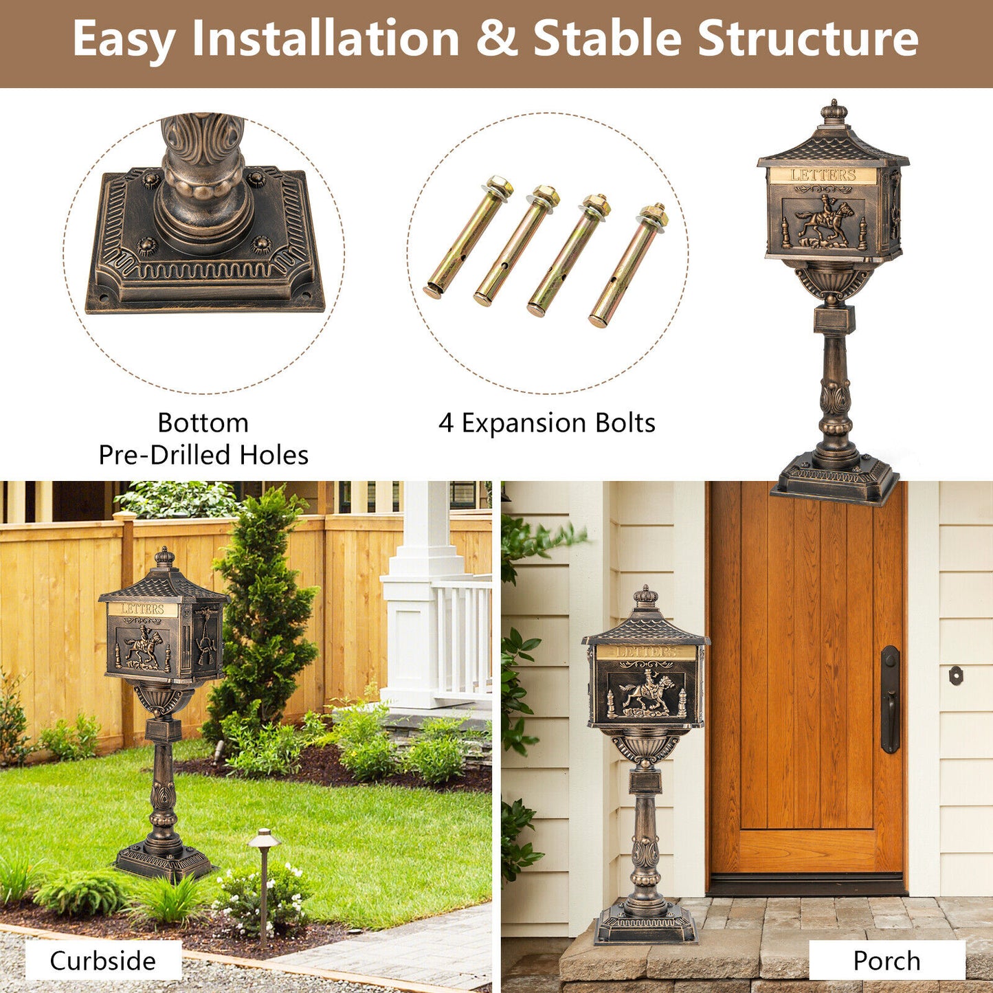 Retro Cast Aluminum Mailbox Security Postal Letter Box with Baffle Door, Bronze Outdoor Decor at Gallery Canada