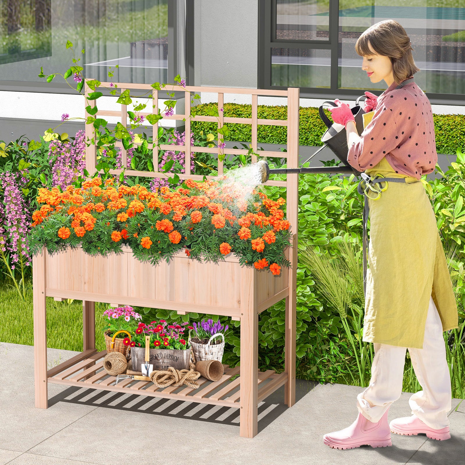 Raised Garden Bed Elevated Wooden Planter Box with Trellis, Natural Raised Garden Beds at Gallery Canada