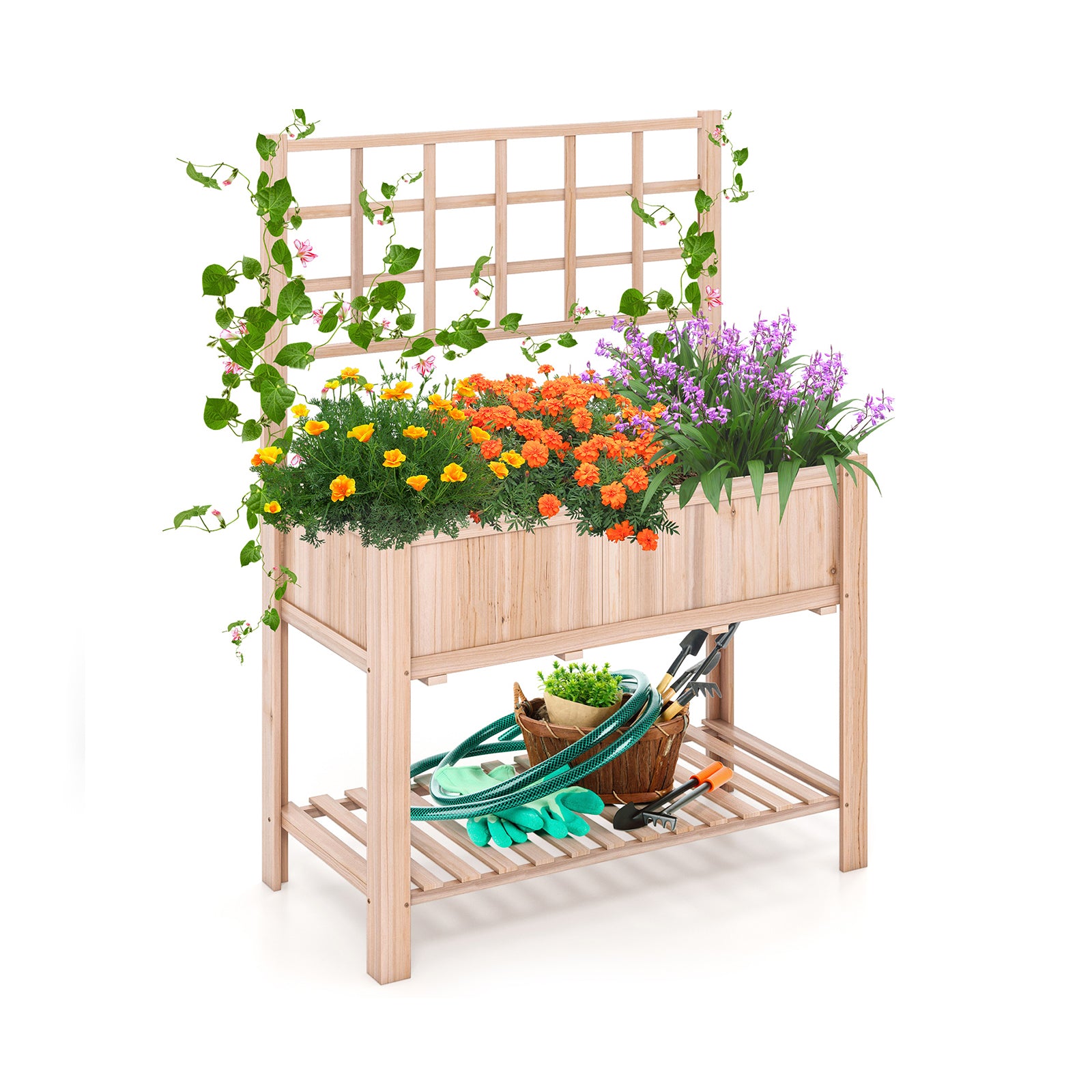 Raised Garden Bed, Elevated Wooden Planter Box With Trellis, Natural Raised Garden Beds Natural at Gallery Canada