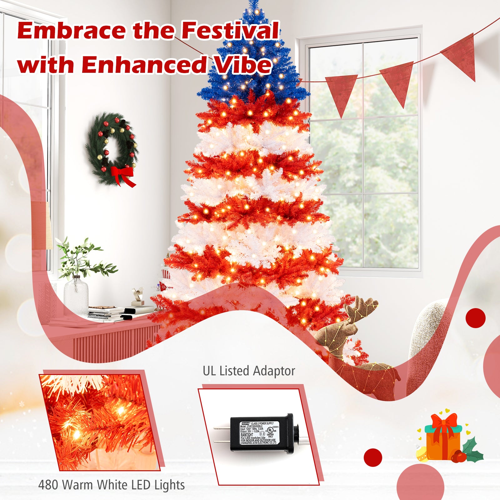 7.5 Feet Artificial Christmas Tree, Warm White LED Lights, Multicolor Christmas Tree at Gallery Canada