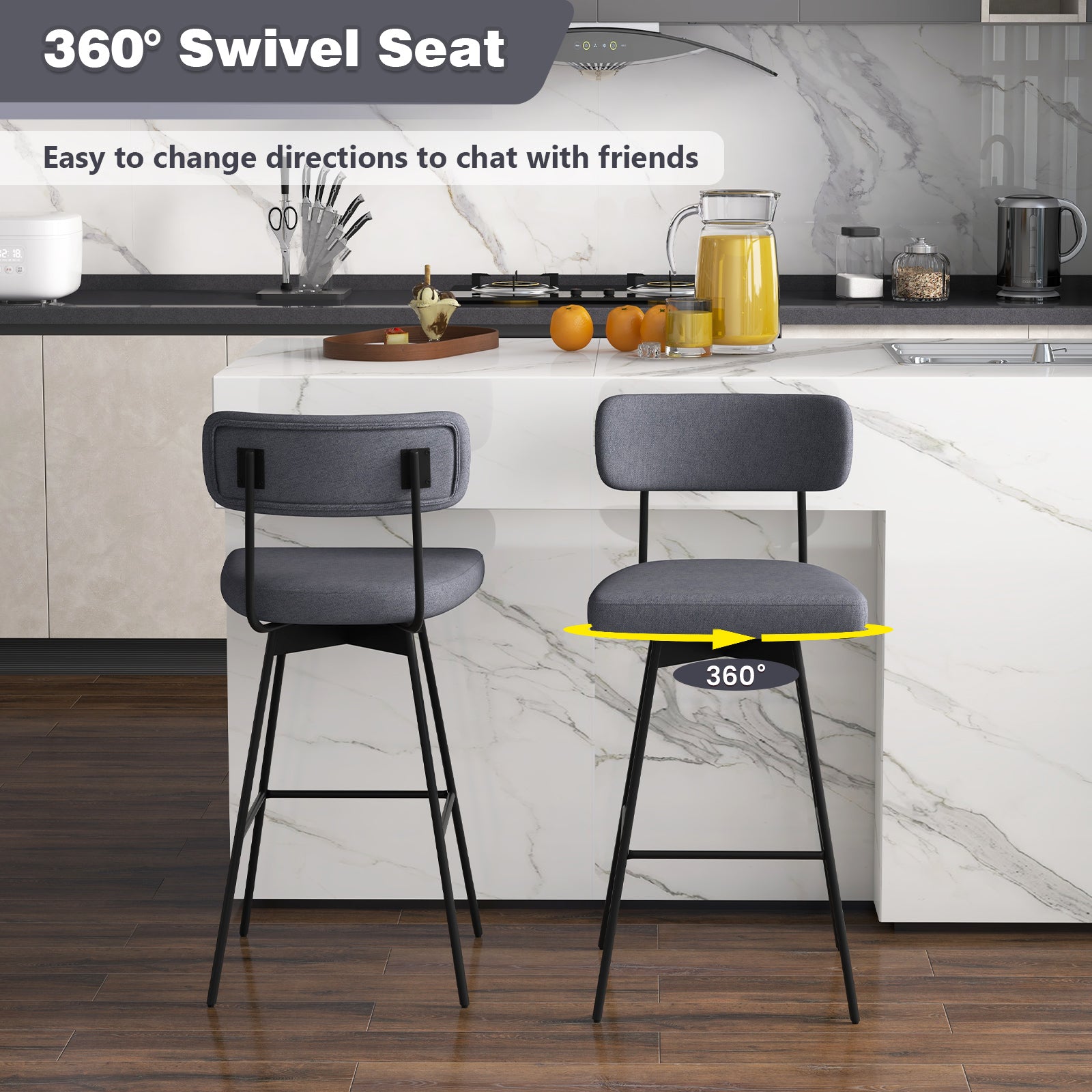 29 Inch Counter Height Upholstered Swivel Bar Stool Set of 2, Gray Bar Stools at Gallery Canada