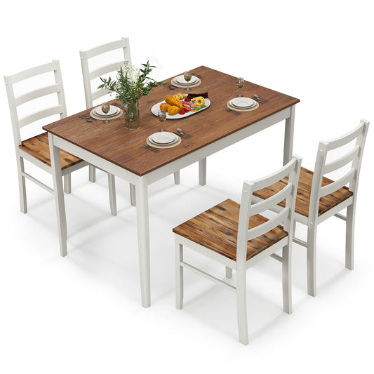 5-Piece Wooden Dining Set, Rectangular Table, 4 Chairs, Coffee and White