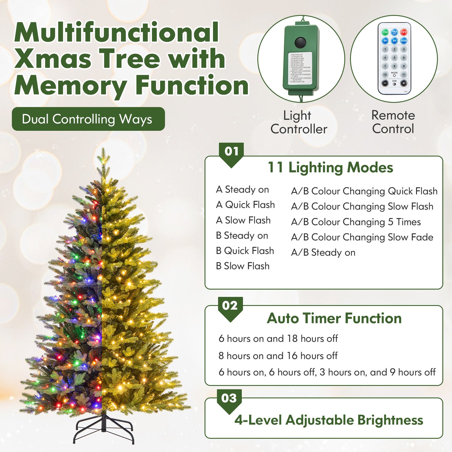6 Ft Artificial Christmas Tree, Hinged, 11 Lighting Modes, Remote Control, Green Christmas Tree at Gallery Canada