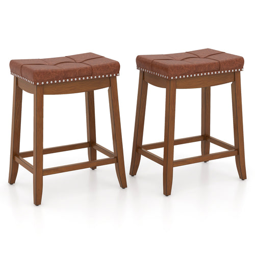 25/29 Inch Set of 2 Upholstered PU Leather Bar Stools with Saddle Seat-25 inches, Brown