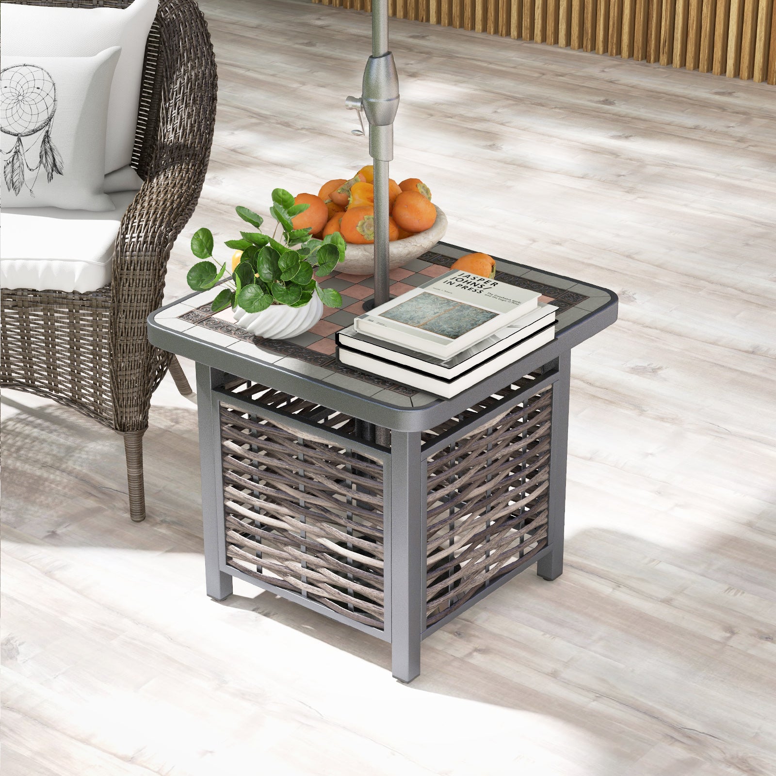 21.5 Inches Outdoor PE Rattan Side Table Square End Table with Umbrella Hole, Brown Patio Coffee Tables at Gallery Canada