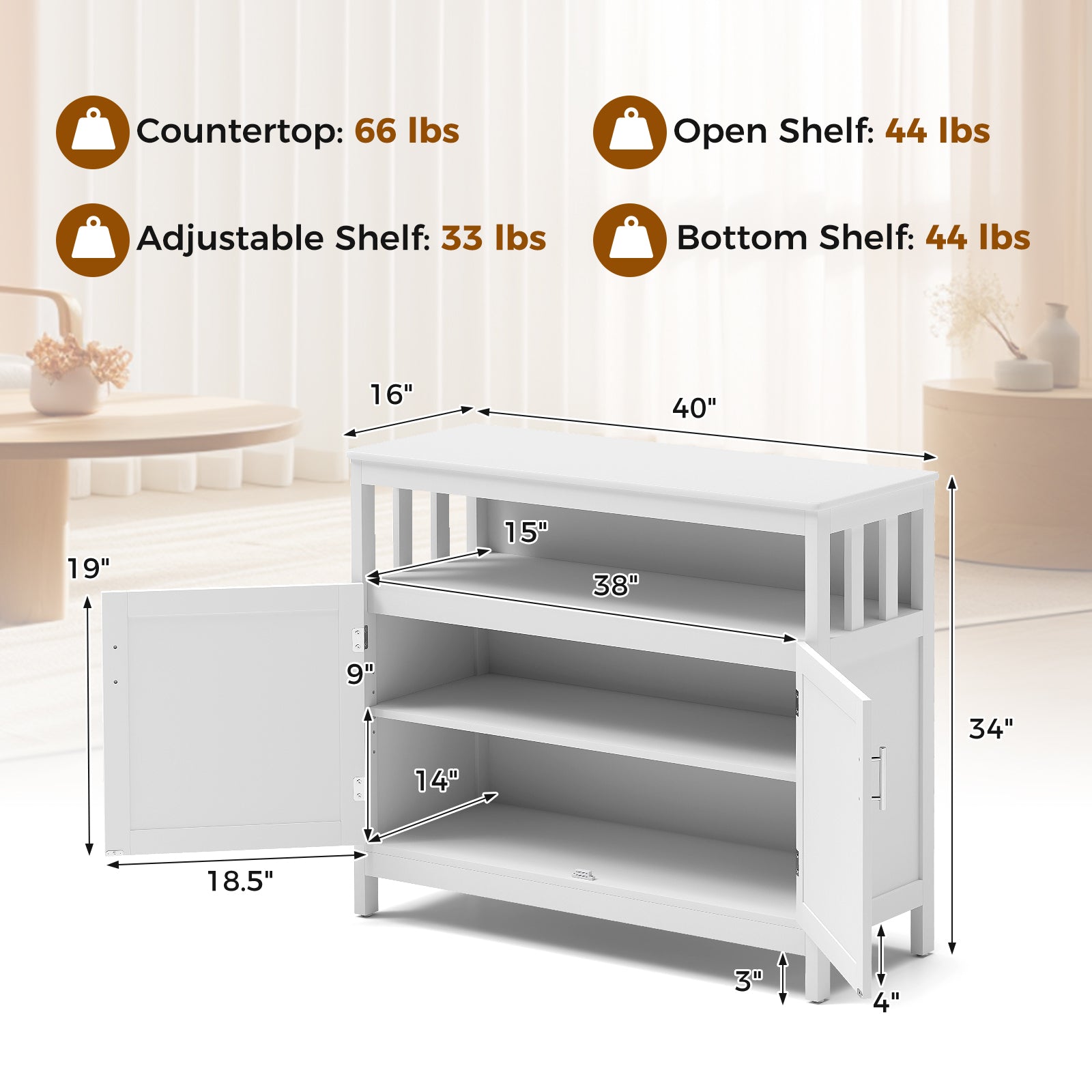 Kitchen Buffet Server Sideboard Storage Cabinet with 2 Doors and Shelf, White Sideboards Cabinets & Buffets at Gallery Canada