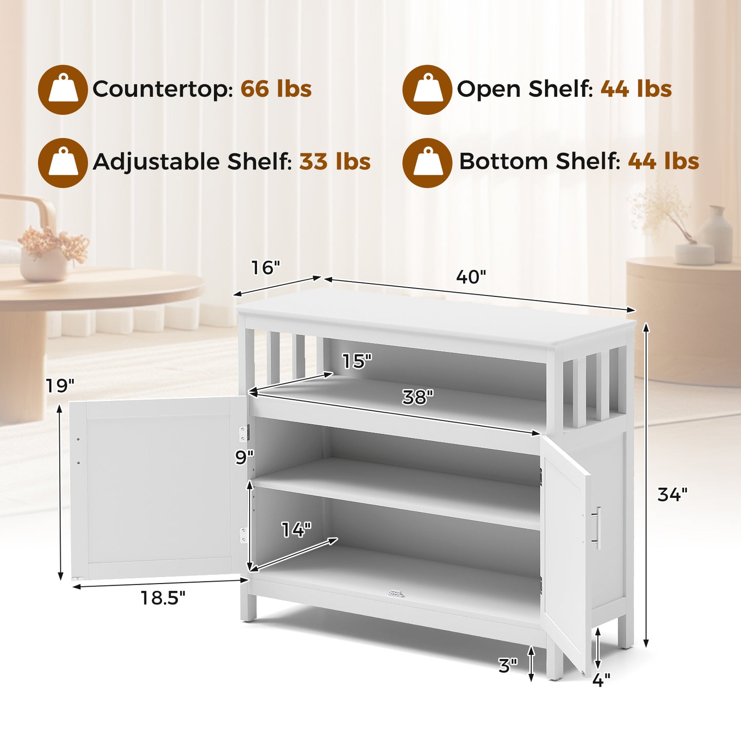 Kitchen Buffet Server Sideboard Storage Cabinet with 2 Doors and Shelf, White Sideboards Cabinets & Buffets at Gallery Canada