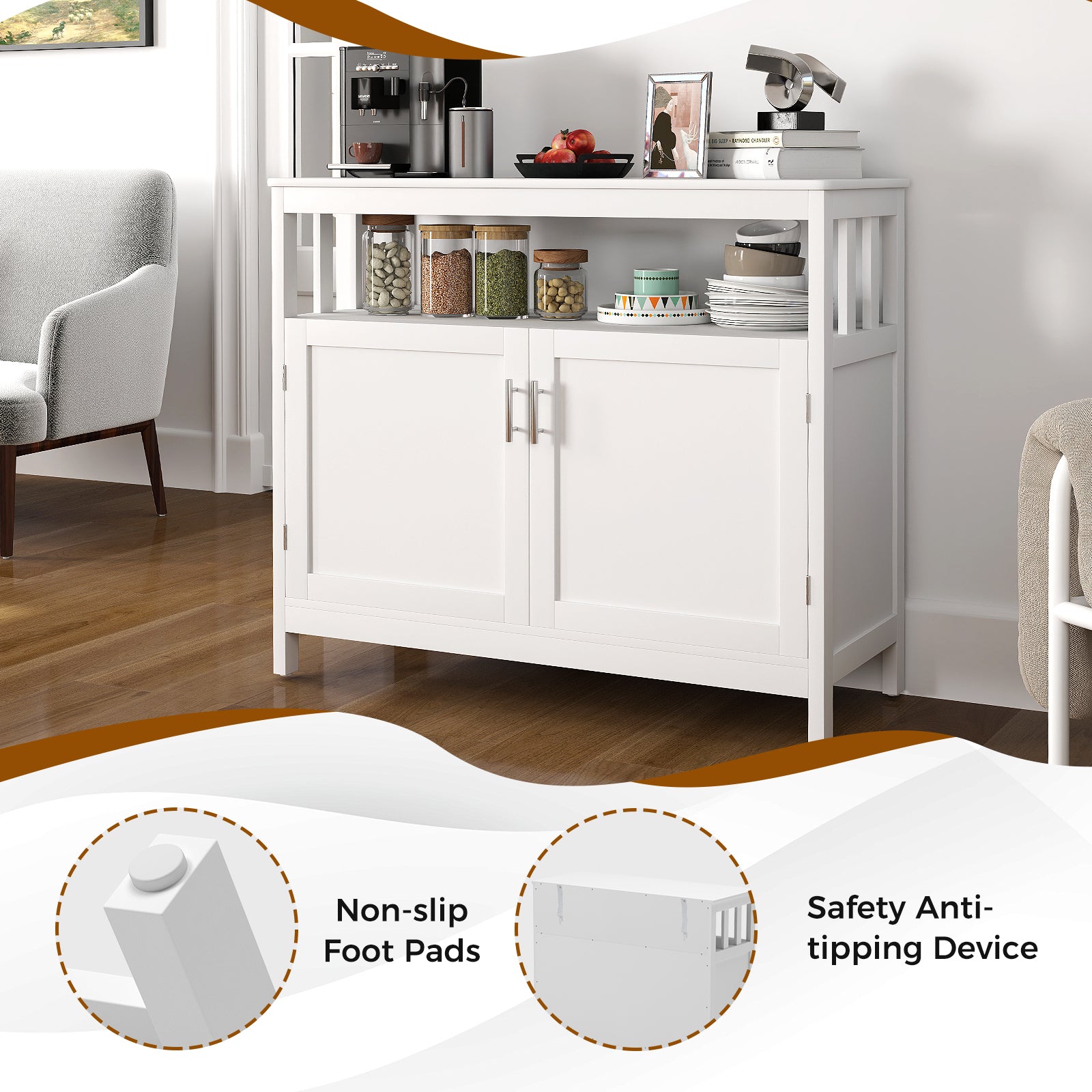 Kitchen Buffet Server Sideboard Storage Cabinet with 2 Doors and Shelf, White Sideboards Cabinets & Buffets at Gallery Canada