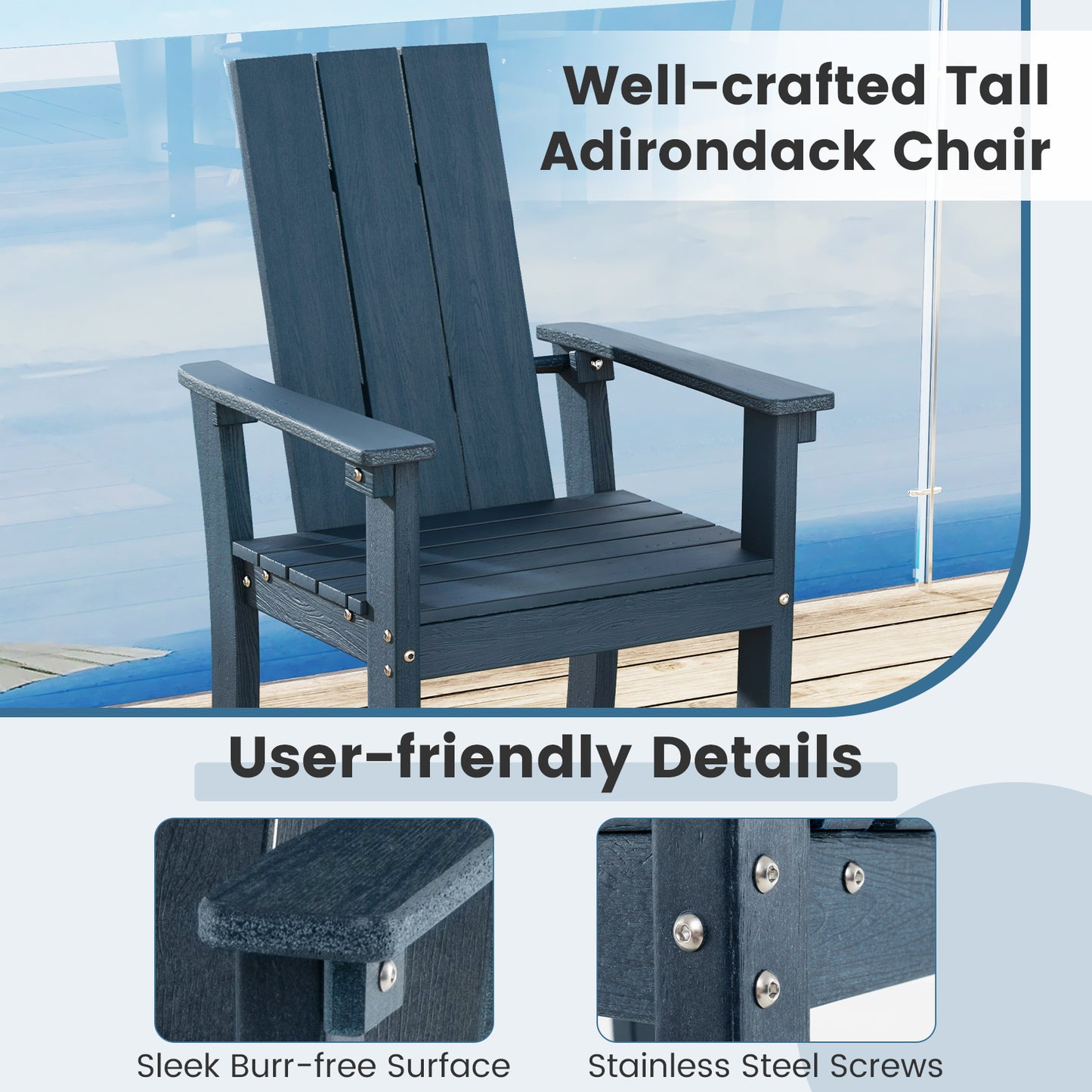 Tall Adirondack Chair Outdoor Bar Stool with Ergonomic Backrest for Backyard, Blue Adirondack Chairs at Gallery Canada