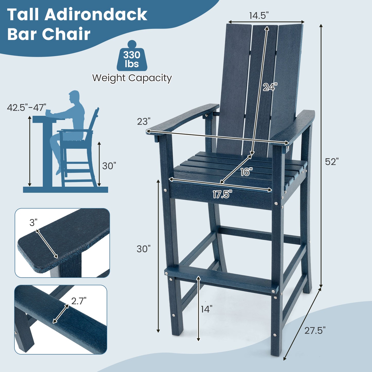 Tall Adirondack Chair Outdoor Bar Stool with Ergonomic Backrest for Backyard, Blue Adirondack Chairs at Gallery Canada