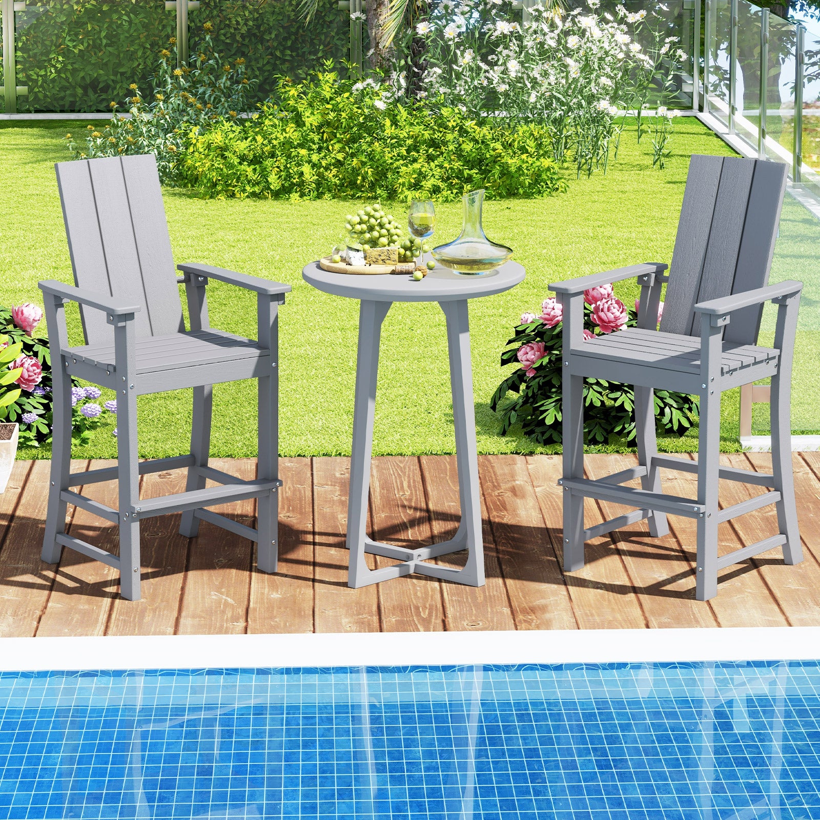 Tall Adirondack Chair Outdoor Bar Stool with Ergonomic Backrest for Backyard, Gray Adirondack Chairs at Gallery Canada