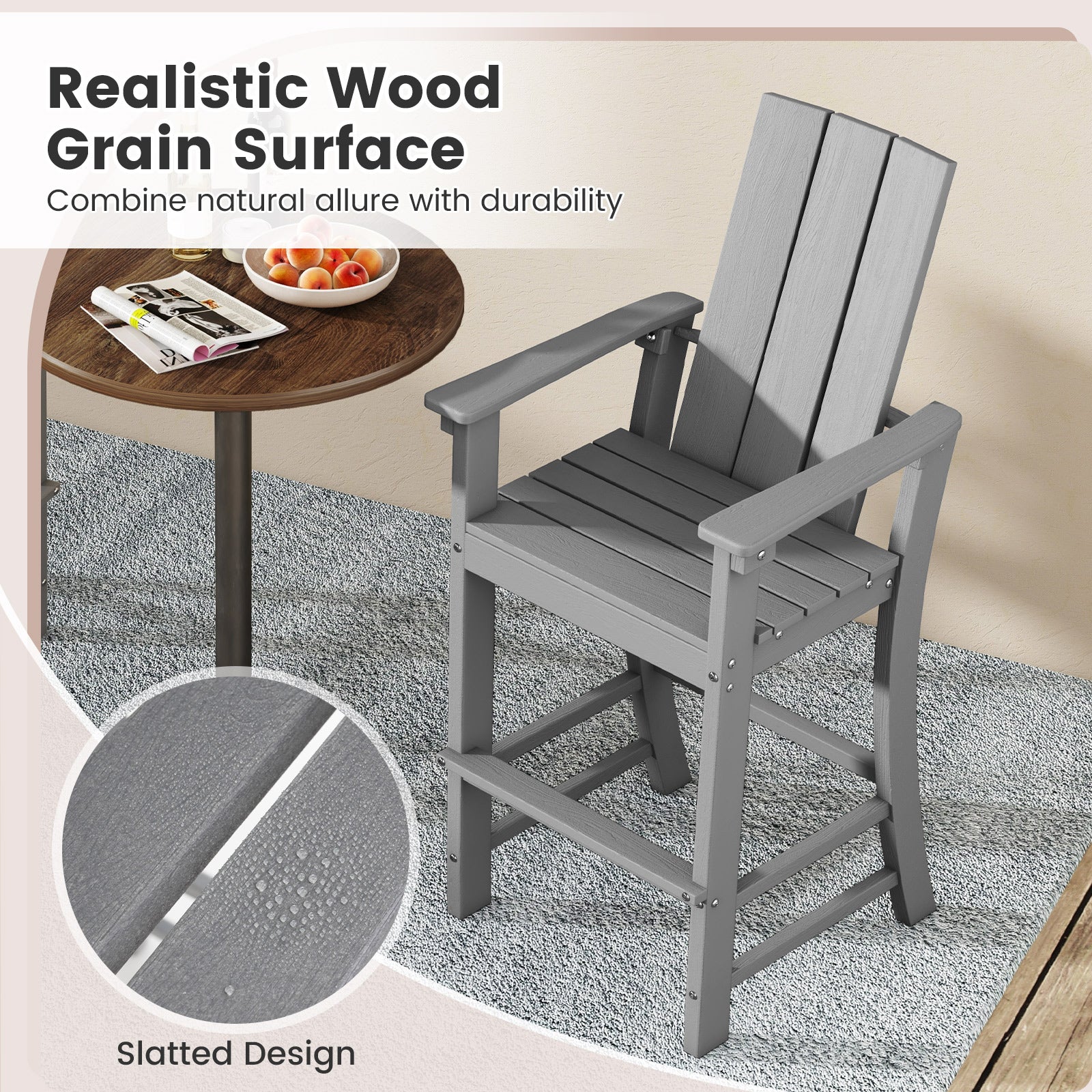Tall Adirondack Chair Outdoor Bar Stool with Ergonomic Backrest for Backyard, Gray Adirondack Chairs at Gallery Canada