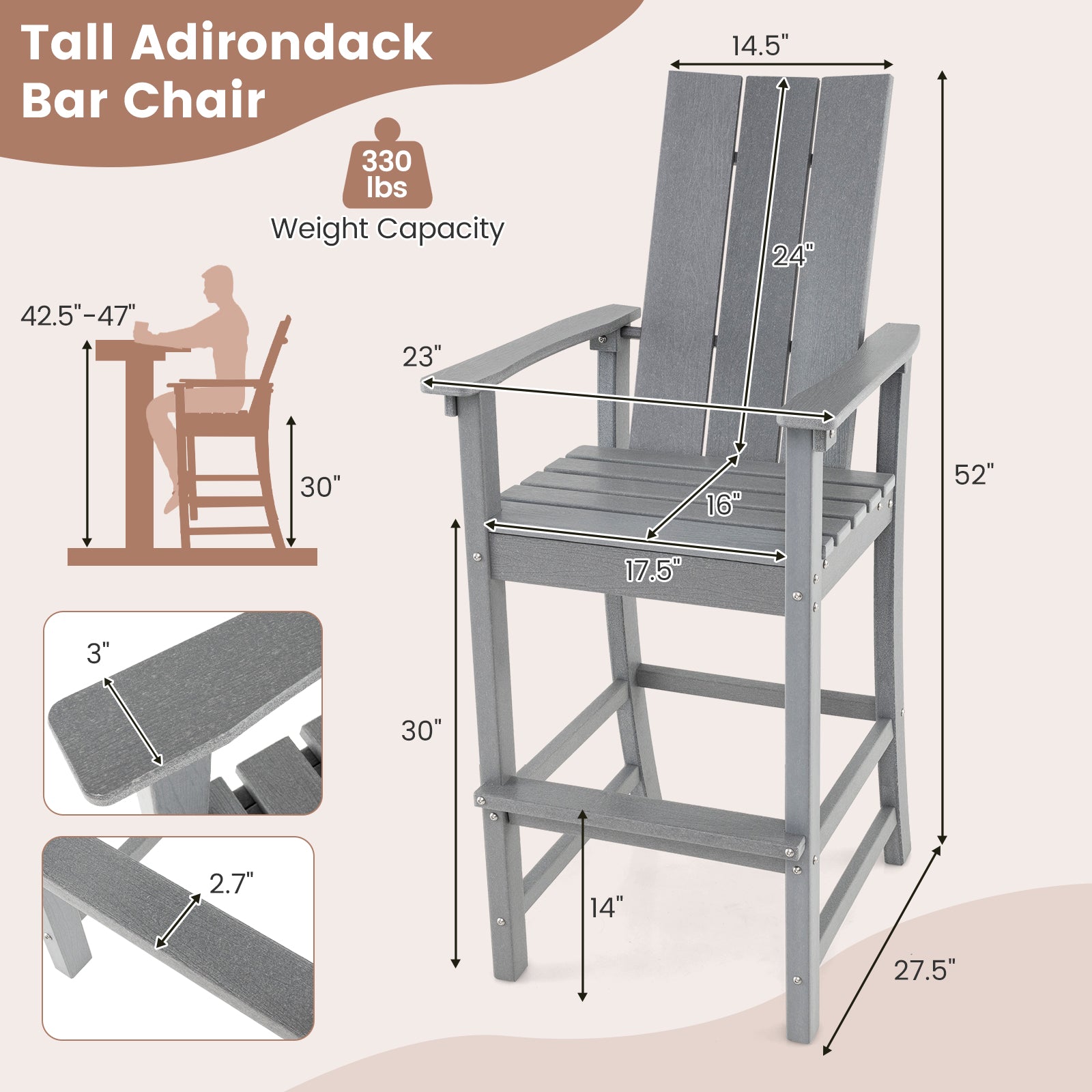 Tall Adirondack Chair Outdoor Bar Stool with Ergonomic Backrest for Backyard, Gray Adirondack Chairs at Gallery Canada