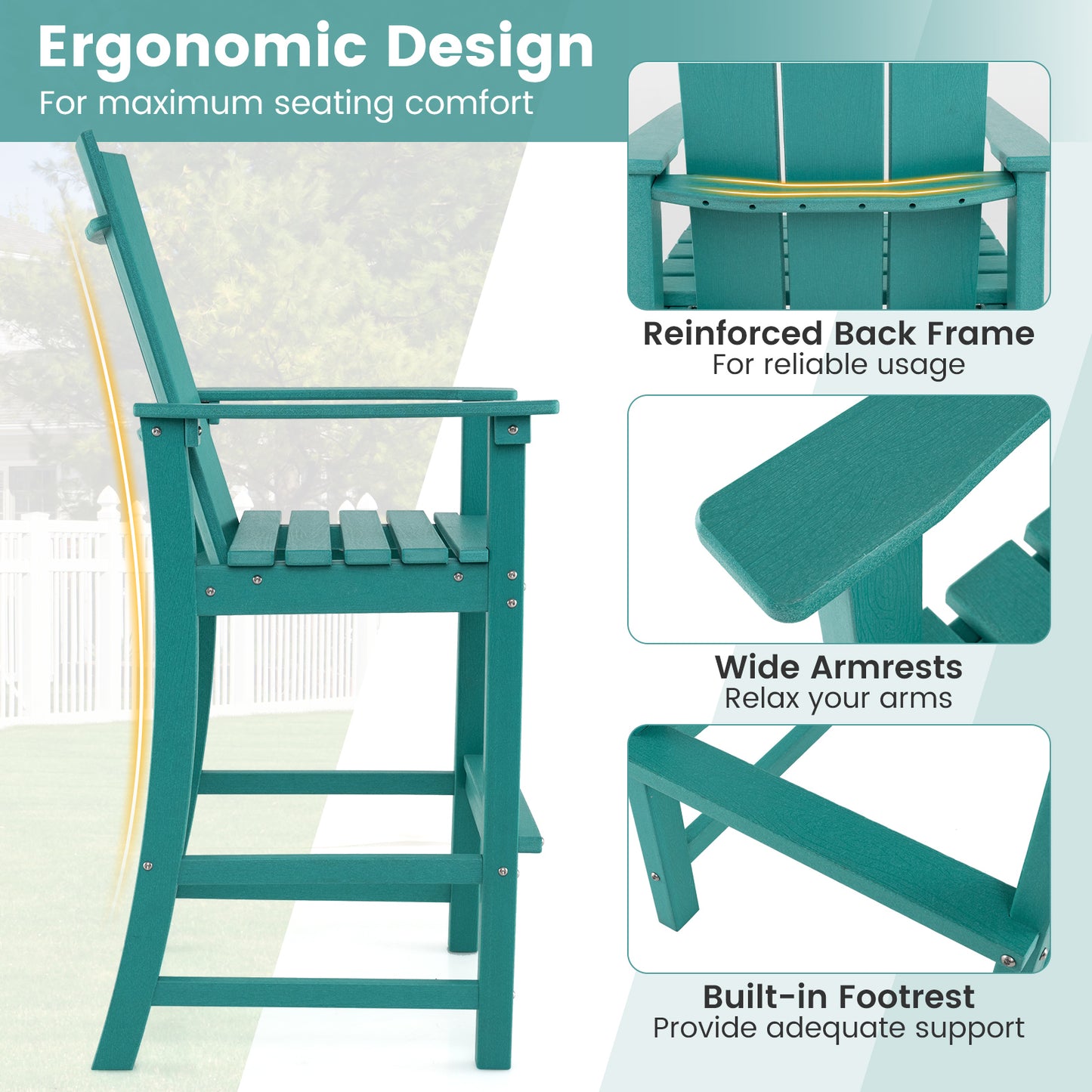 Tall Adirondack Chair Outdoor Bar Stool with Ergonomic Backrest for Backyard, Turquoise Adirondack Chairs at Gallery Canada