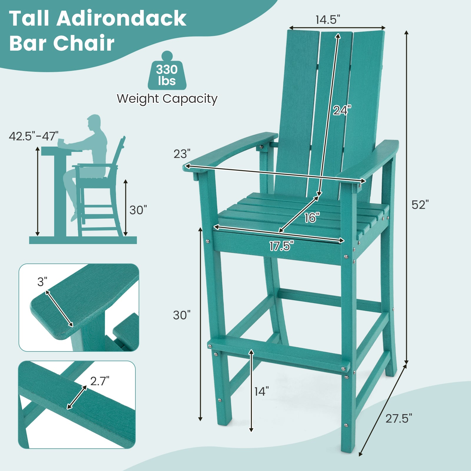 Tall Adirondack Chair Outdoor Bar Stool with Ergonomic Backrest for Backyard, Turquoise Adirondack Chairs at Gallery Canada