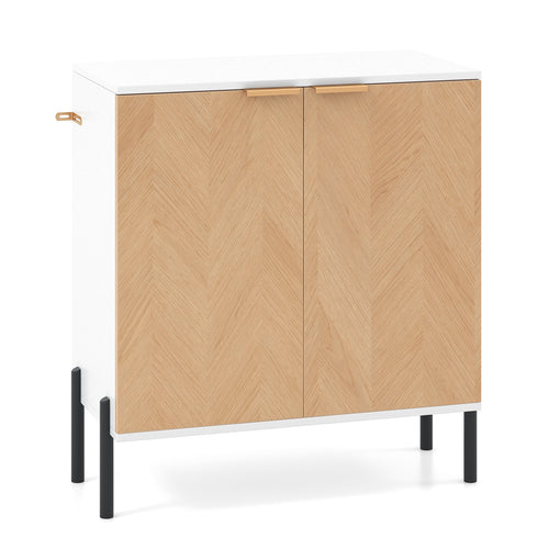 2-Door Buffet Cabinet Sideboard with Shelf and Metal Legs-White-Natural Wood, Natural & White
