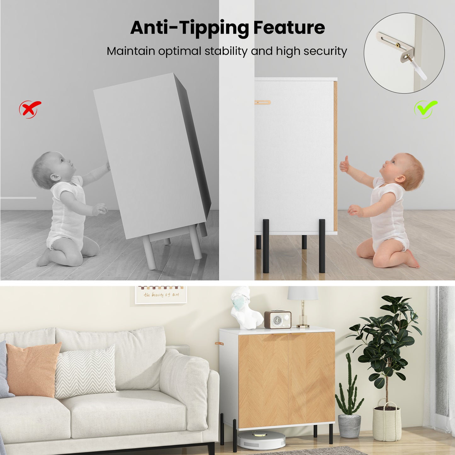 2-Door Buffet Cabinet Sideboard with Shelf and Metal Legs-White-Natural Wood, Natural & White Sideboards Cabinets & Buffets at Gallery Canada