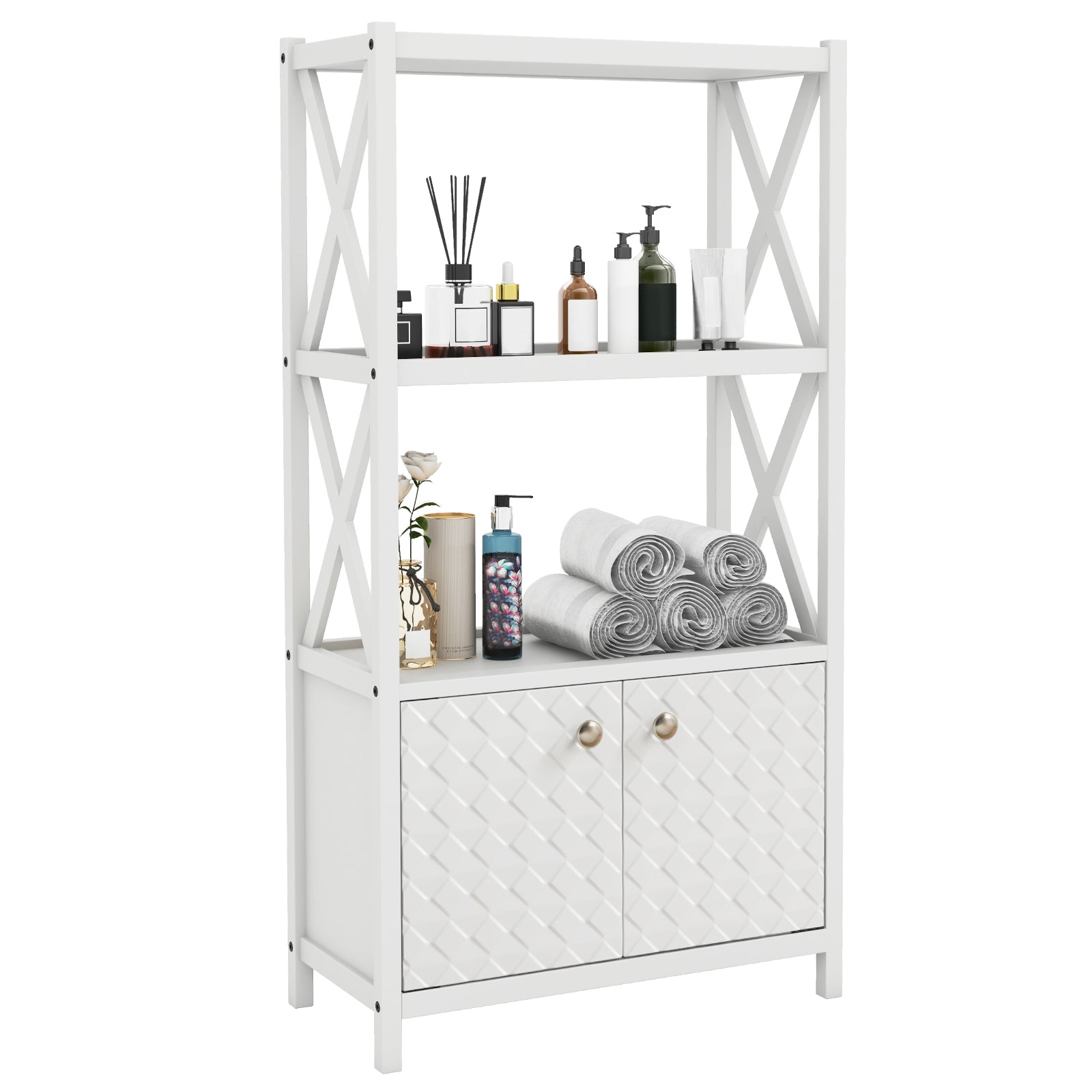 Bathroom Storage Cabinet, Open Shelves, Double Doors, White Floor Cabinets White at Gallery Canada