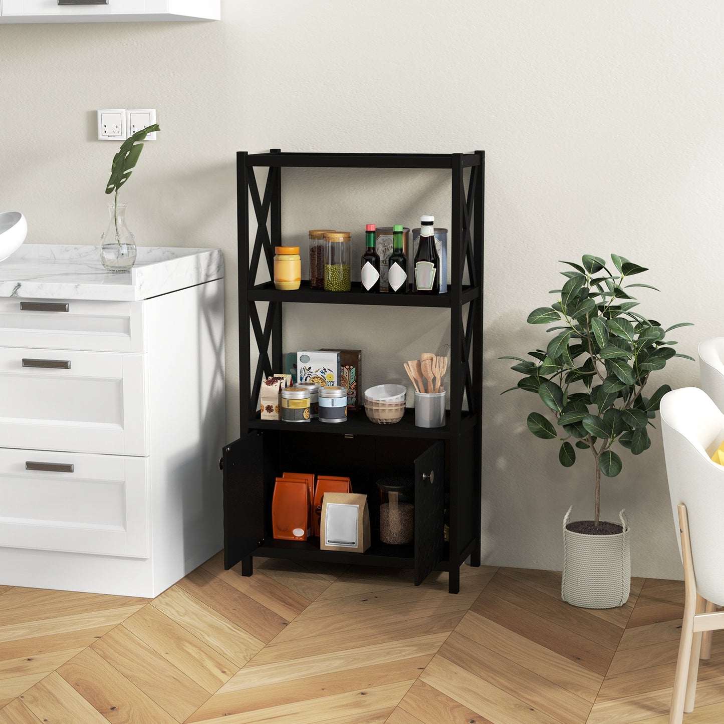 Bathroom Storage Cabinet with Open Shelves and Double Doors, Black Floor Cabinets at Gallery Canada