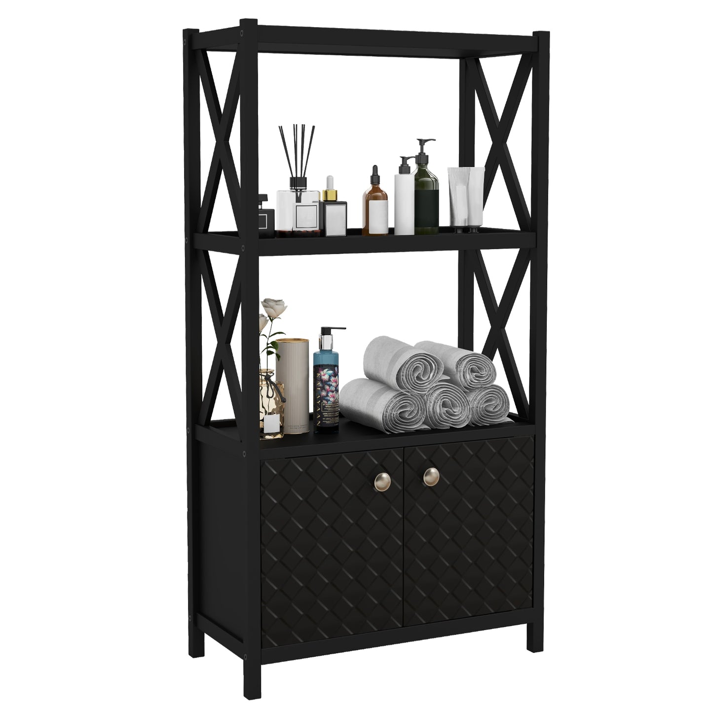 Bathroom Storage Cabinet with Open Shelves and Double Doors, Black Floor Cabinets at Gallery Canada