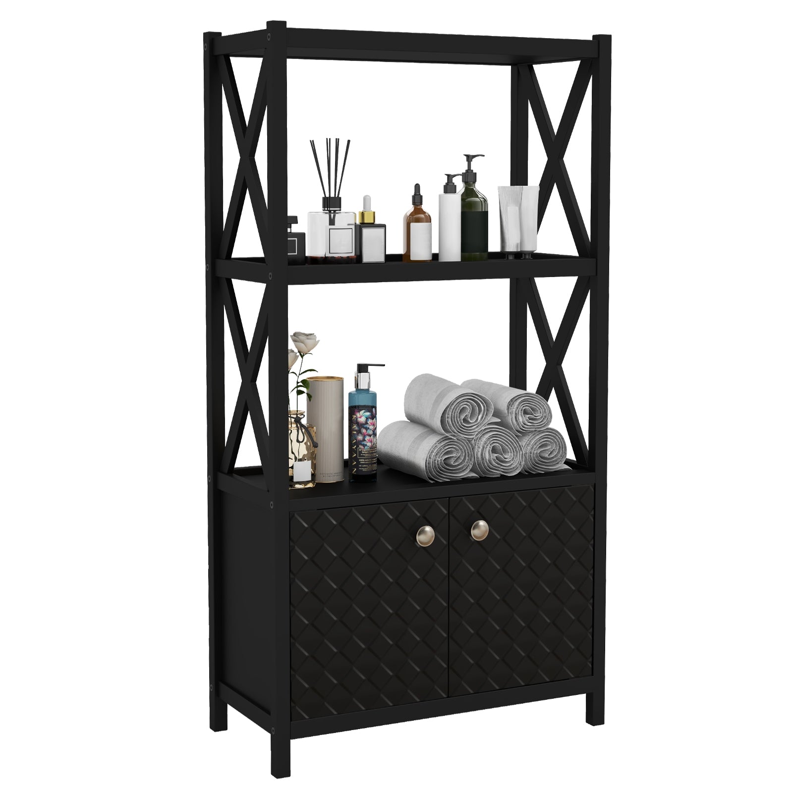 Bathroom Storage Cabinet with Open Shelves and Double Doors, Black Floor Cabinets Black at Gallery Canada
