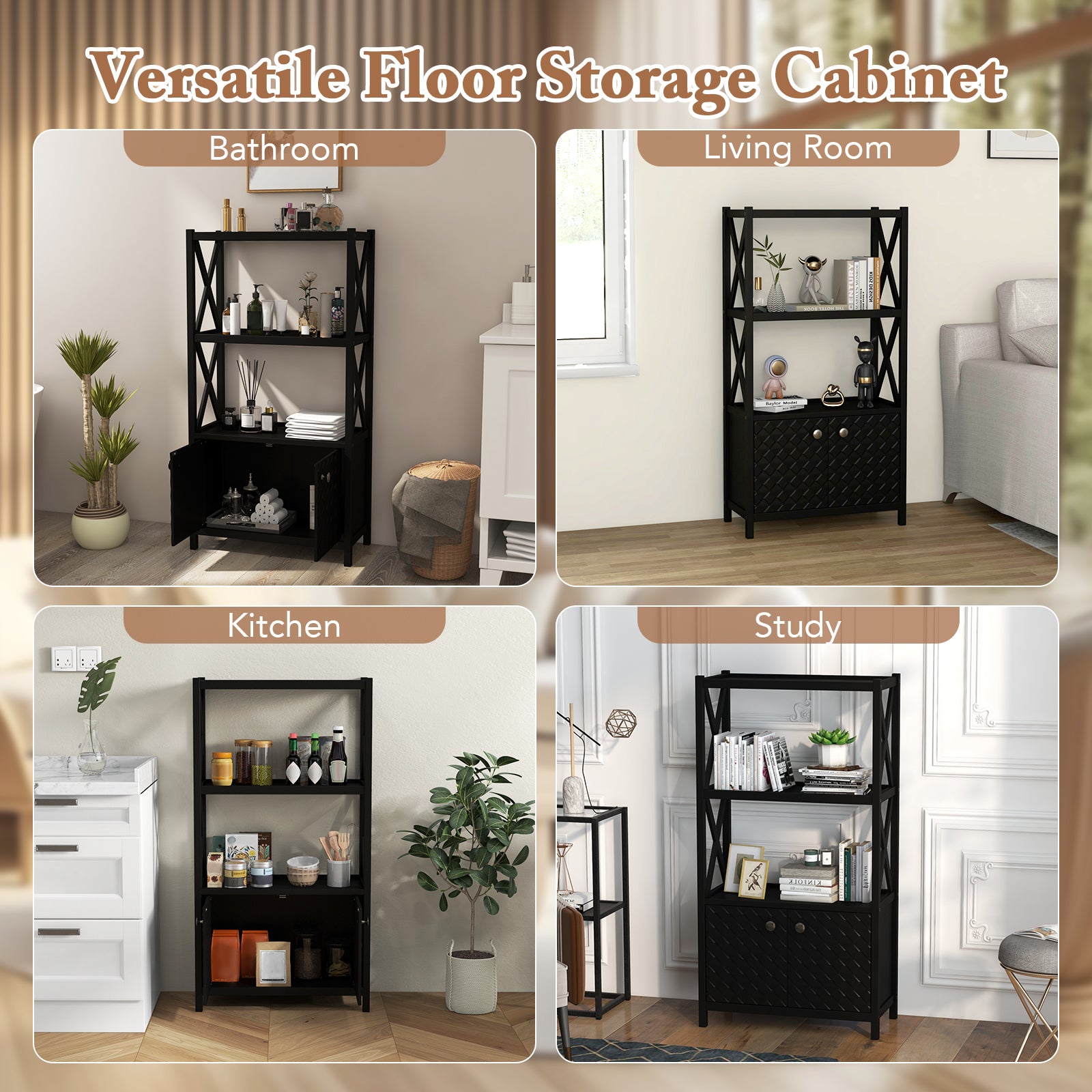 Bathroom Storage Cabinet with Open Shelves and Double Doors, Black Floor Cabinets at Gallery Canada