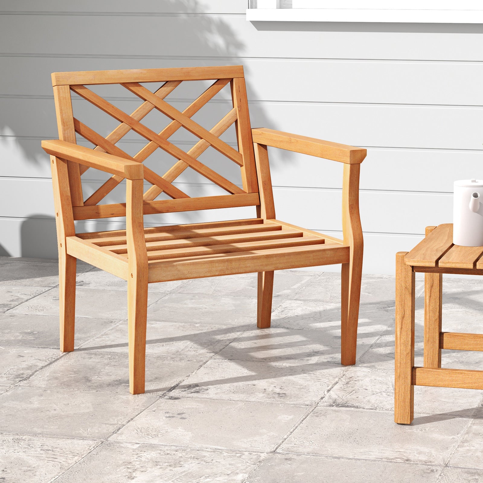 Teak Wood Slatted Patio Chair Armchair with Cozy Backrest and Armrests, Natural Patio Dining Chairs at Gallery Canada