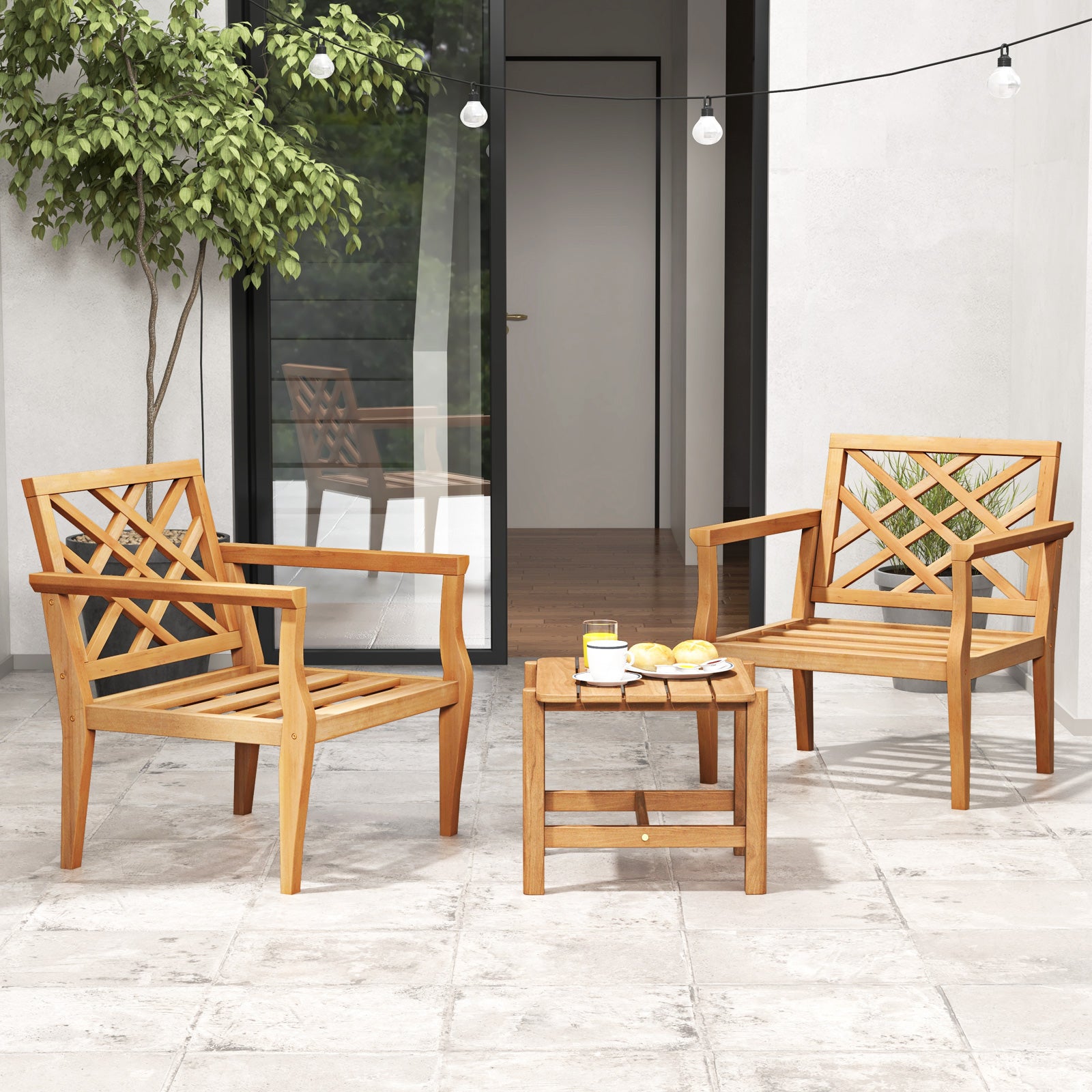 Teak Wood Slatted Patio Chair Armchair with Cozy Backrest and Armrests, Natural Patio Dining Chairs at Gallery Canada