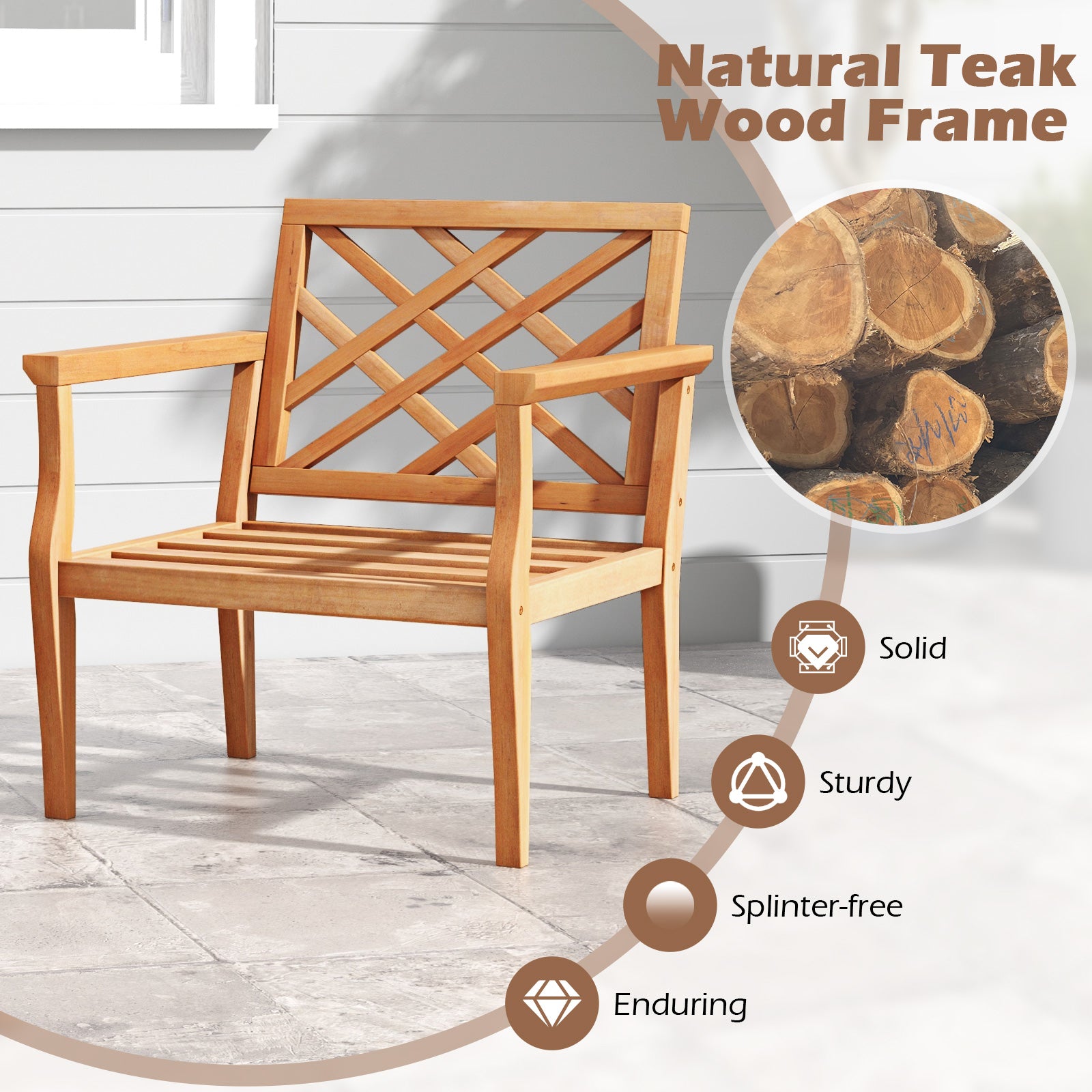 Teak Wood Slatted Patio Chair Armchair with Cozy Backrest and Armrests, Natural Patio Dining Chairs at Gallery Canada